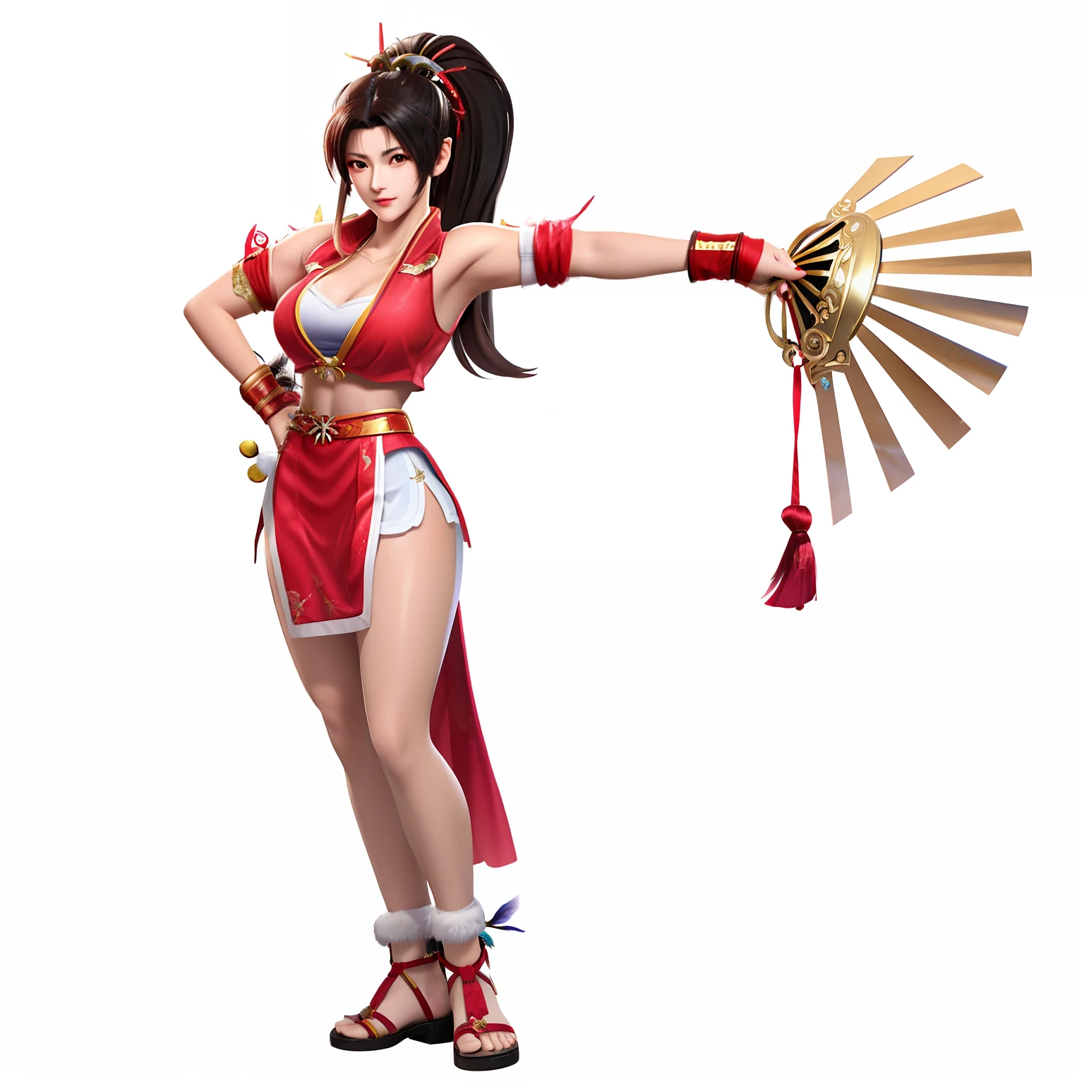 Mulher de Araffe na roupa vermelha e branca segurando um ventilador, Mai Shiranui, personagem de jogo de luta, yoko matsugane as Mai Shiranui, Personagem de King of Fighters, Personagem de videogame Katana Zero, como personagem em tekken, Pose de lutador, Tifa, raposa nobushi, Retrato de Chun - Li, inspirado em Pu Hua