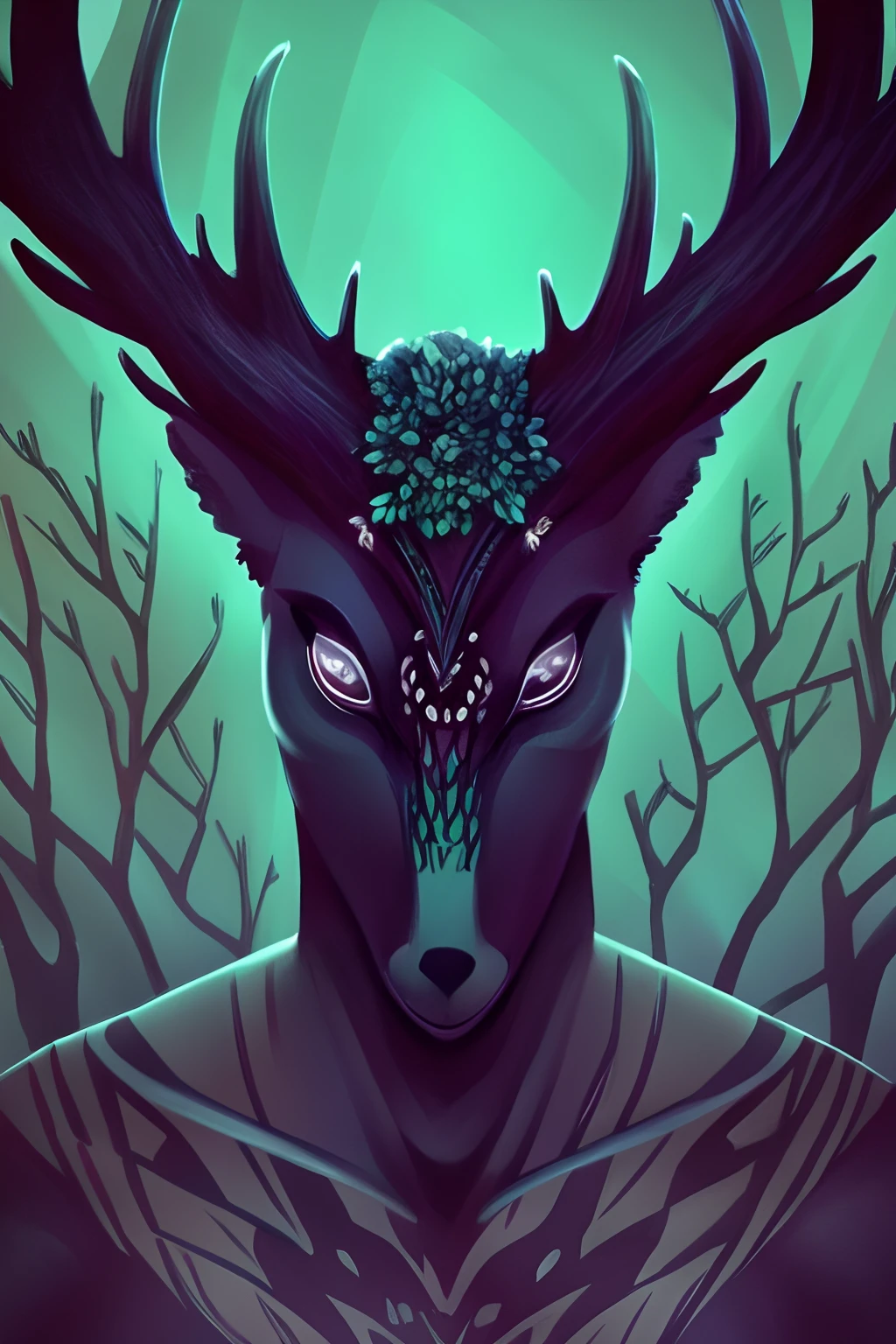 Masterpiece, highres, high Quality, BREAK humanoid creature, slim body, skinny body, skin with scales, BREAK head and antlers of a deer, face of an owl, nigth, forest, green flames,