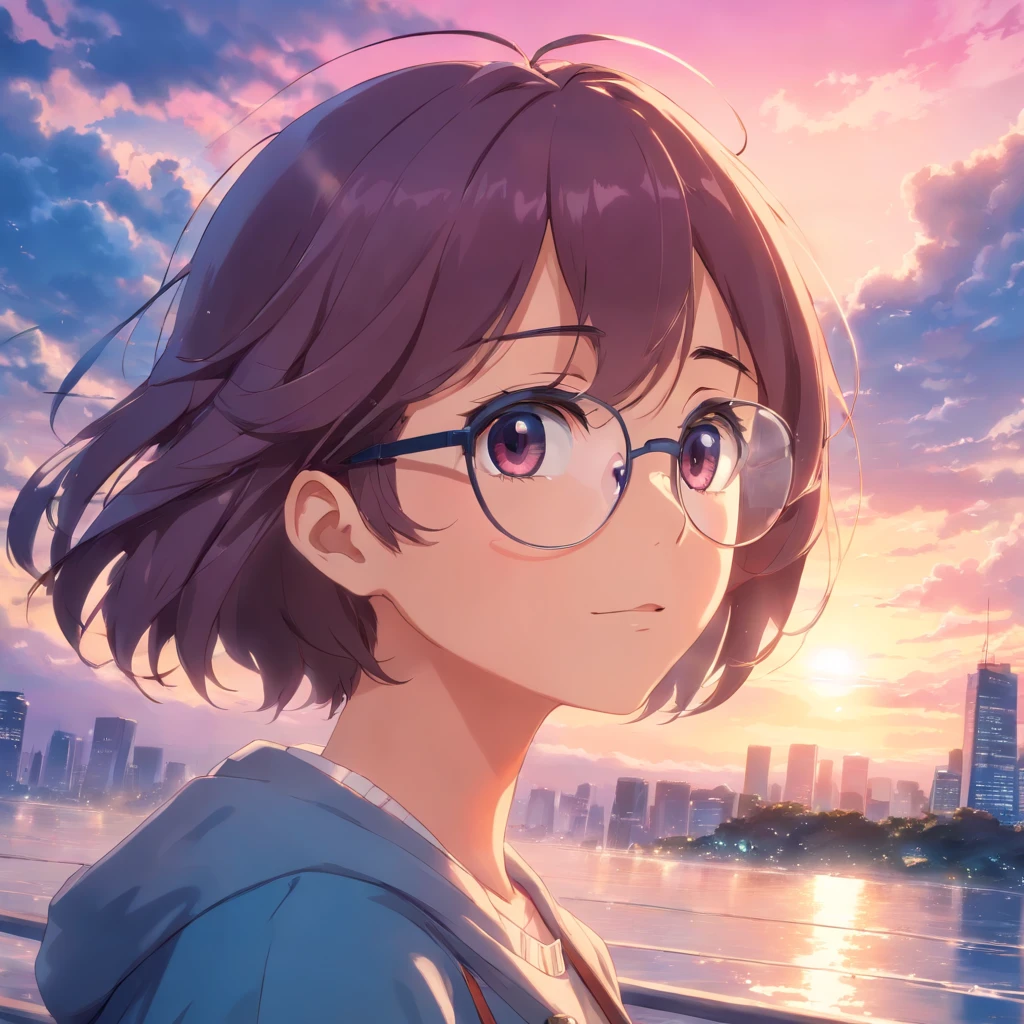 master part, best quality, filme ainda, 1 homem, Homem das Nuvens, floating into the sky, Close-up, escuro, Feliz, Soft lighting and Warm, Sunset, (Sparks:0.7), (Foco masculino:1.2), (fofo:1.7), Handsome man wearing round glasses, Looking at the Viewer, sorridente, usando um capuz rosa, olhos azuis, cabelos escuros