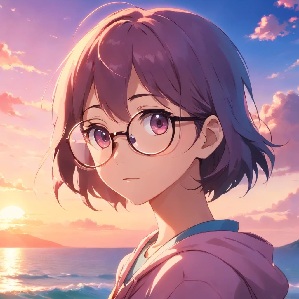 master part, best quality, filme ainda, 1 homem, Homem das Nuvens, floating into the sky, Close-up, escuro, Feliz, Soft lighting and Warm, Sunset, (Sparks:0.7), (Foco masculino:1.2), (fofo:1.7), Handsome man wearing round glasses, Looking at the Viewer, sorridente, usando um capuz rosa, olhos azuis, cabelos escuros