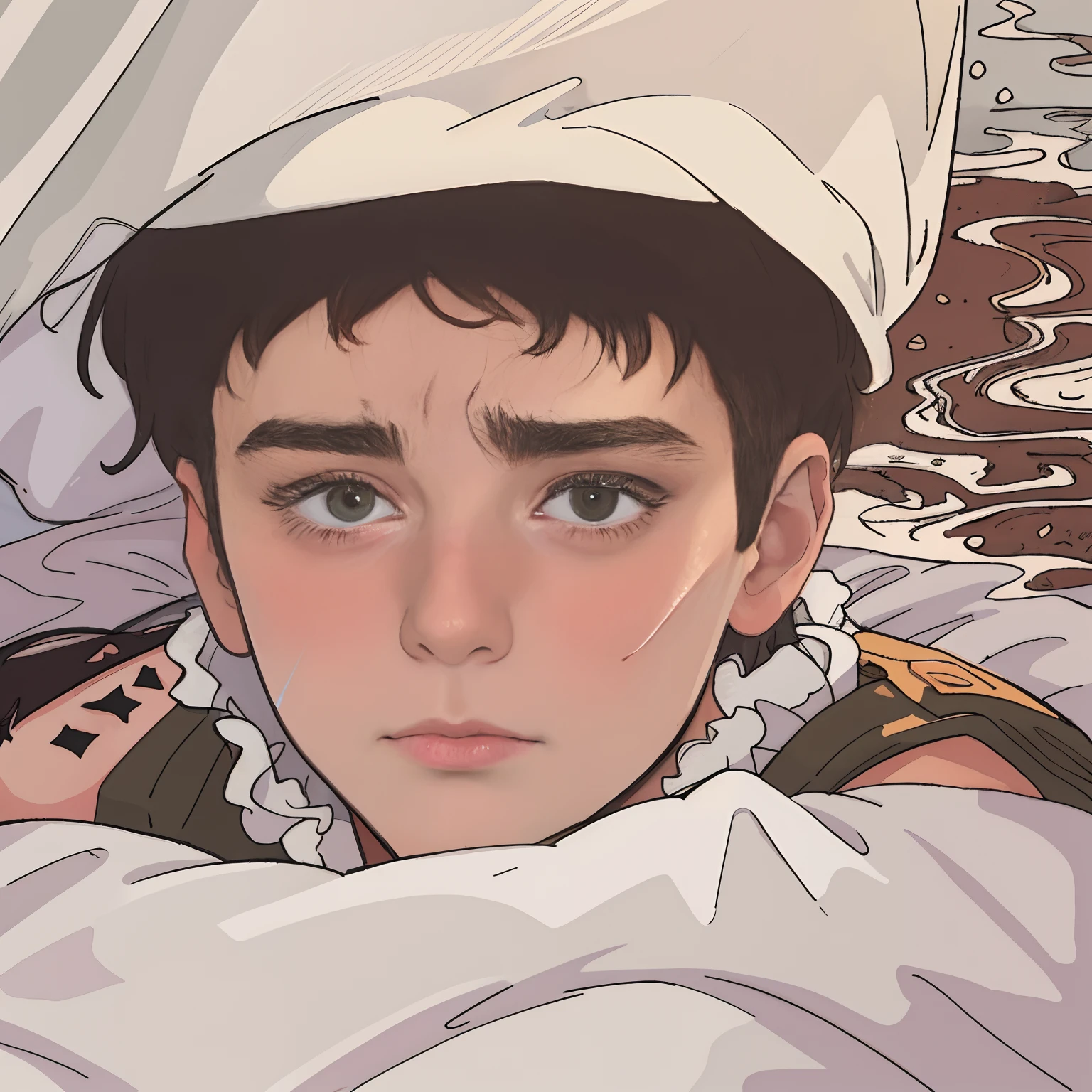 A detailed, realistic portrait of an 18-year-old man lying on a bed. The focus is on his face and expression, capturing the emotions of sadness and contemplation. The man has mesmerizing, nice brown eyes that are incredibly detailed and captivating. His gaze is sharp and intense, adding depth to the overall composition. He has well-defined eyebrows that further enhance his facial features.
The image is of the highest quality, with ultra-detailed rendering and a photorealistic approach. It feels like a masterpiece, with every intricate detail meticulously depicted. The resolution is set to 4k or 8k, ensuring stunning clarity and precision. The lighting is reminiscent of a professional studio setup, creating a dramatic ambiance.
The overall artistic style is a realistic portrait that showcases the remarkable skill of the artist. The colors are vivid, emphasizing the emotions of the subject. The color tone leans towards warm earth tones, enhancing the sense of melancholy and introspection.
Additional details may include the man's tousled hair, soft shadows cast on his face, and the softness of the bed sheets. These elements contribute to the overall atmosphere of the composition, creating a visually striking and emotionally evocative portrait.