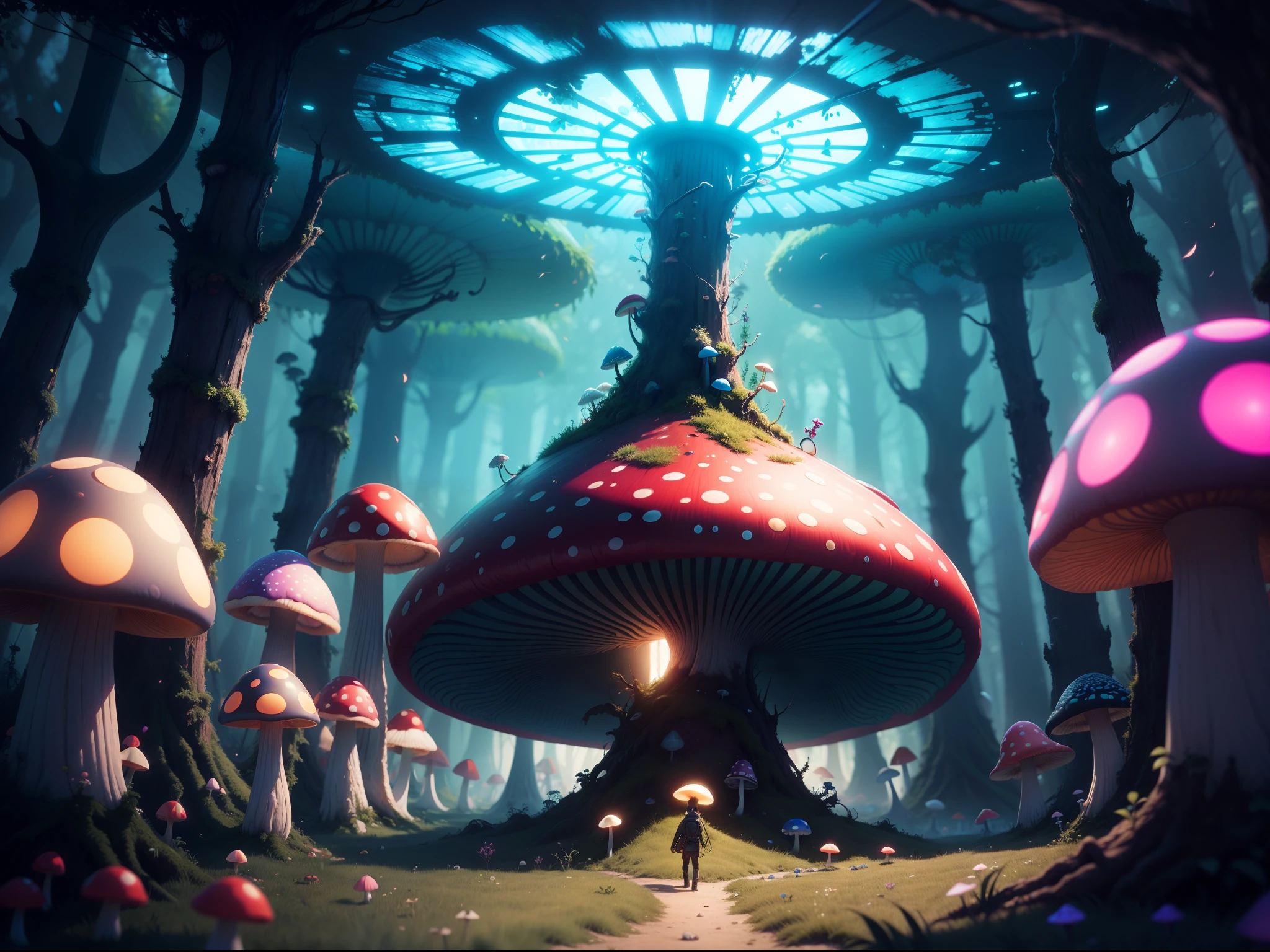 Psycedelic and surreal alien in a mushroom forest , 8K , UHD Psycedelisch , beautiful lights , Beautiful mushrooms
