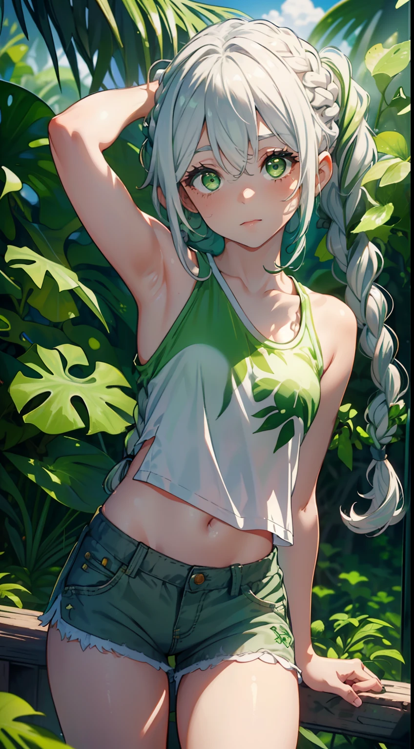 ((Girl with white wavy hair tied in a braids 9.0)) ((green eyes)) ((white tanktop 9.0)) ((white shorts 9.0)) ((in the jungle 9.0))