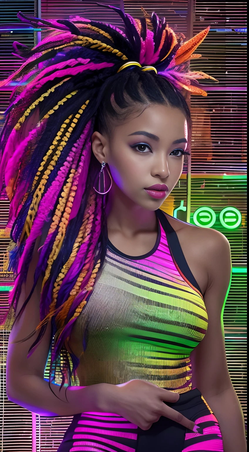 mulher arafed ((AFRO AMERICANA))with long rainbow hair and a neon cyberpunk tank top, retrato, Ela tem um rosto bonito, Imagens da Webcam, clivagem, peituda, sexy look at the camera, Fotografado na webcam, 4 8 0 p, 480p, Seu peito, she's facing the camera, gorgeous female, fundo do clube de discoteca, RGB, LED Rave Lighting