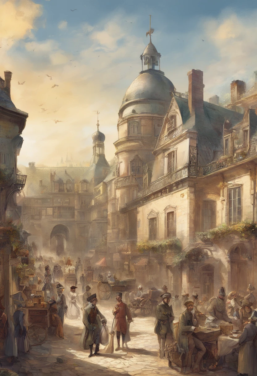 an image composition representing pre-revolutionary France showing the extravagant lifestyle of the monarchy and nobility, contrasted with the harsh and impoverished conditions of the peasant class. Include elements such as lavish palaces, well-dressed nobles, tax-collecting officials, and the oppressed peasant laborers working on the fields.