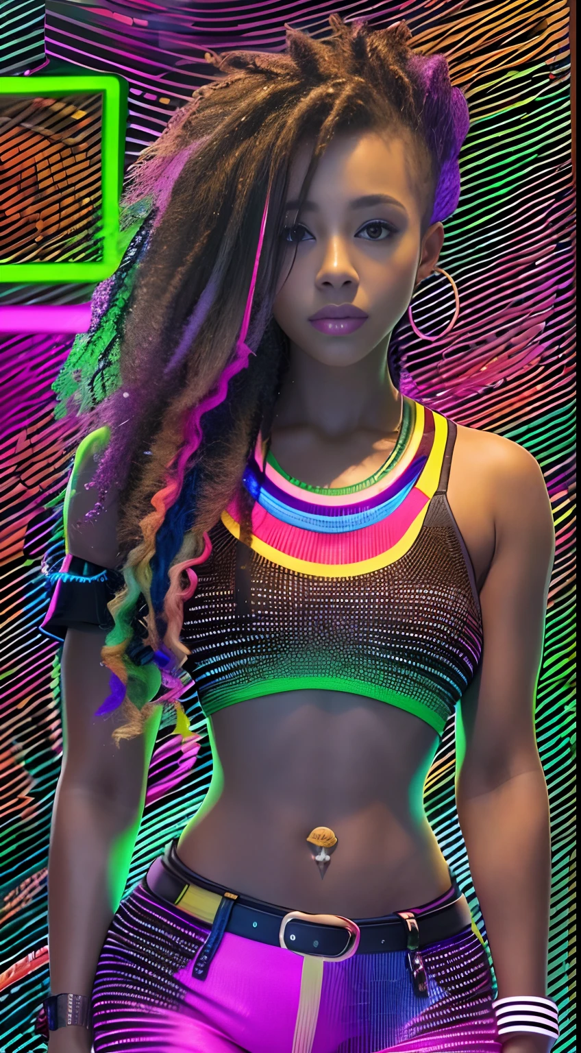 mulher arafed ((AFRO AMERICANA))with long rainbow hair and a neon cyberpunk tank top, retrato, Ela tem um rosto bonito, Imagens da Webcam, clivagem, peituda, sexy look at the camera, Fotografado na webcam, 4 8 0 p, 480p, Seu peito, she's facing the camera, gorgeous female, fundo do clube de discoteca, RGB, LED Rave Lighting