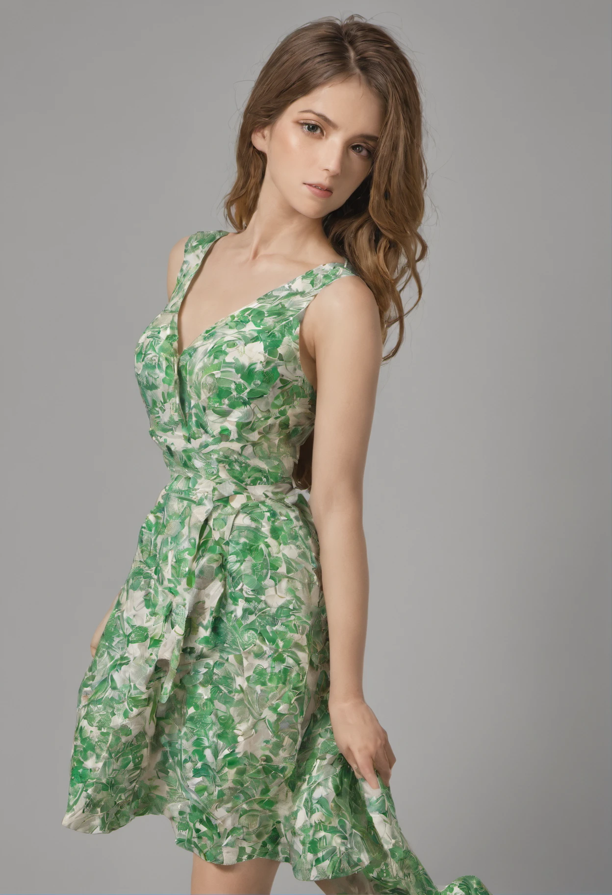 Foto RAW, DSLR BREAK (KKKW-PH1:0.9) QUEBRAR retrato de meio corpo de uma jovem mulher de 20yo, cabelo longo e ondulado, wearing a detailed BREAK summer dress, chiclete soprando, chiclete verde profissional colorgraded