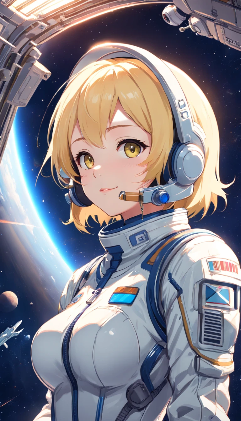 masterpiece, best quality, stunning face, symmetrical clear eyes, detailed eyes and face, detailed body, shiny skin, detailed skin, Flat design UI, high resolution, ultra detailed, cinematic quality, anime-inspired sci-fi scene, a highly skilled astronaut wearing a cutting-edge spacesuit integrated with mechanical manipulators, operating advanced holographic interfaces, manipulating digital data and spacecraft controls with precision and ease, neon-lit control panels reflecting on the polished helmet visor, in the background, a panoramic view of space with distant planets and stars, ambient lights casting soft shadows in the futuristic cockpit, surrounding the astronaut, robotic arms assisting in technical tasks, showing a seamless blend of human and machine in a high-tech space exploration setting
, simple color scheme, minimalistic icons, typography. . illustration, detailed eyes, perfect composition, intricate details