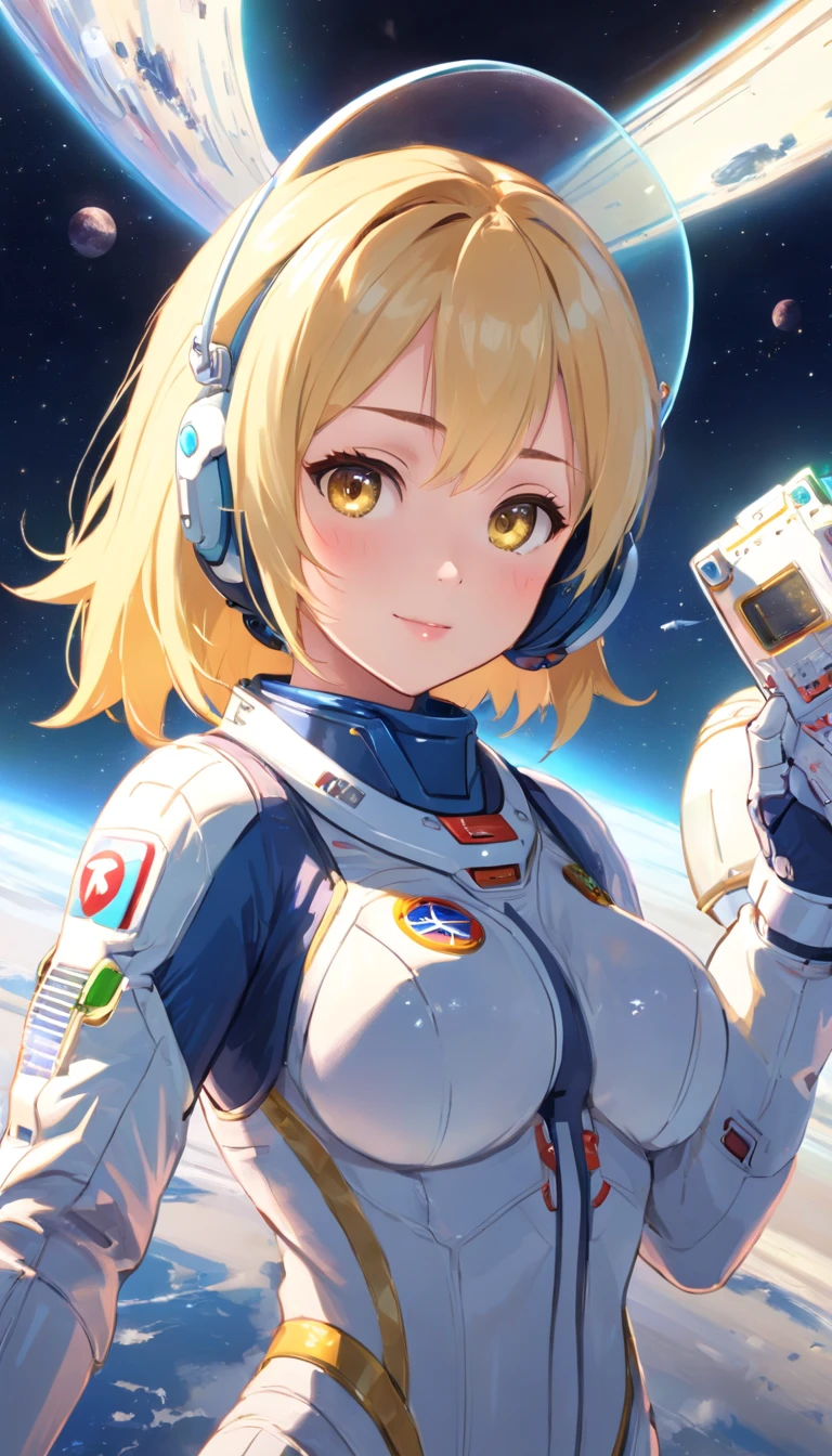 ​masterpiece、top-quality、The ultra -The high-definition、Top resolution、ighly detailed、profetional lighting、illustratio、(Futuristic spaceship interior interior)、(Inside the space station)、Space passenger aircraft seats、bustshot,1人の女性,(space helmet):1.8,(space suits:1.4),(Glossy Latex Silver Bodysuit):1.3,(deadpan:1.5),(real  face):1.5,(Blonde Shorthair):1.2,(Yellow hair), Shining hair ornament, head phone,space suits,Colossal tits、(A slight smil:1.0)、pretty skin、