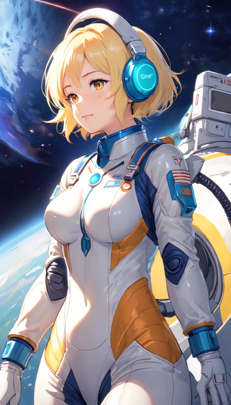 masterpiece、top-quality、The ultra -The high-definition、Top resolution、ighly detailed、profetional lighting、illustratio、(Futuristic spaceship interior interior)、(Inside the space station)、Space passenger aircraft seats、bustshot,1人の女性,(space helmet):1.8,(space suits:1.4),(Glossy Latex Silver Bodysuit):1.3,(deadpan:1.5),(real face):1.5,(Blonde Shorthair):1.2,(Yellow hair), Shining hair ornament, head phone,space suits,Colossal tits、(A slight smil:1.0)、pretty skin、