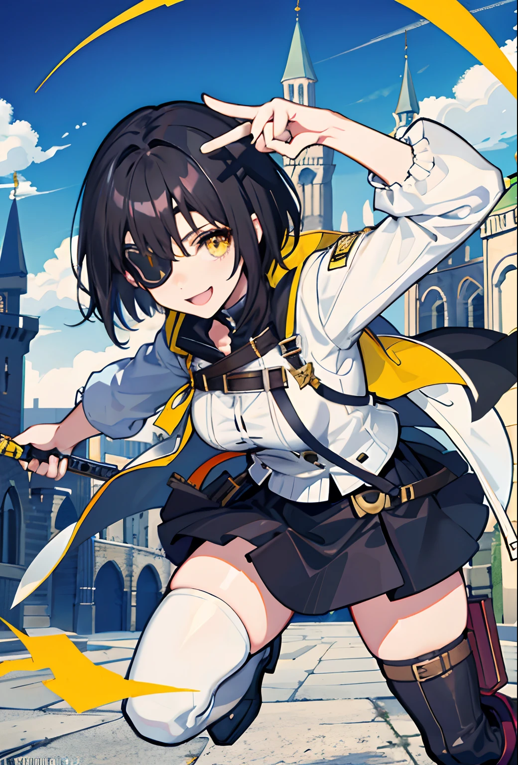 Adult anime girl, short black hair, white and yellow adventurer outfit, eyepatch, brown boots, smile, sword, castle in the background