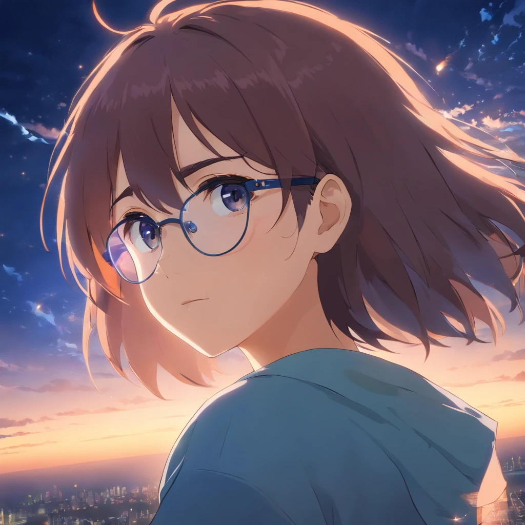 master part, melhor qualidade, filme ainda, 1 homem, Homem das Nuvens, floating into the sky, Close-up, escuro, triste, soft and cool lighting, noite estrelada, (Sparks:0.7), (Foco masculino:1.2), (fofo:1.7), Handsome man wearing round glasses, Looking at the Viewer, olhos azuis, cabelos escuros