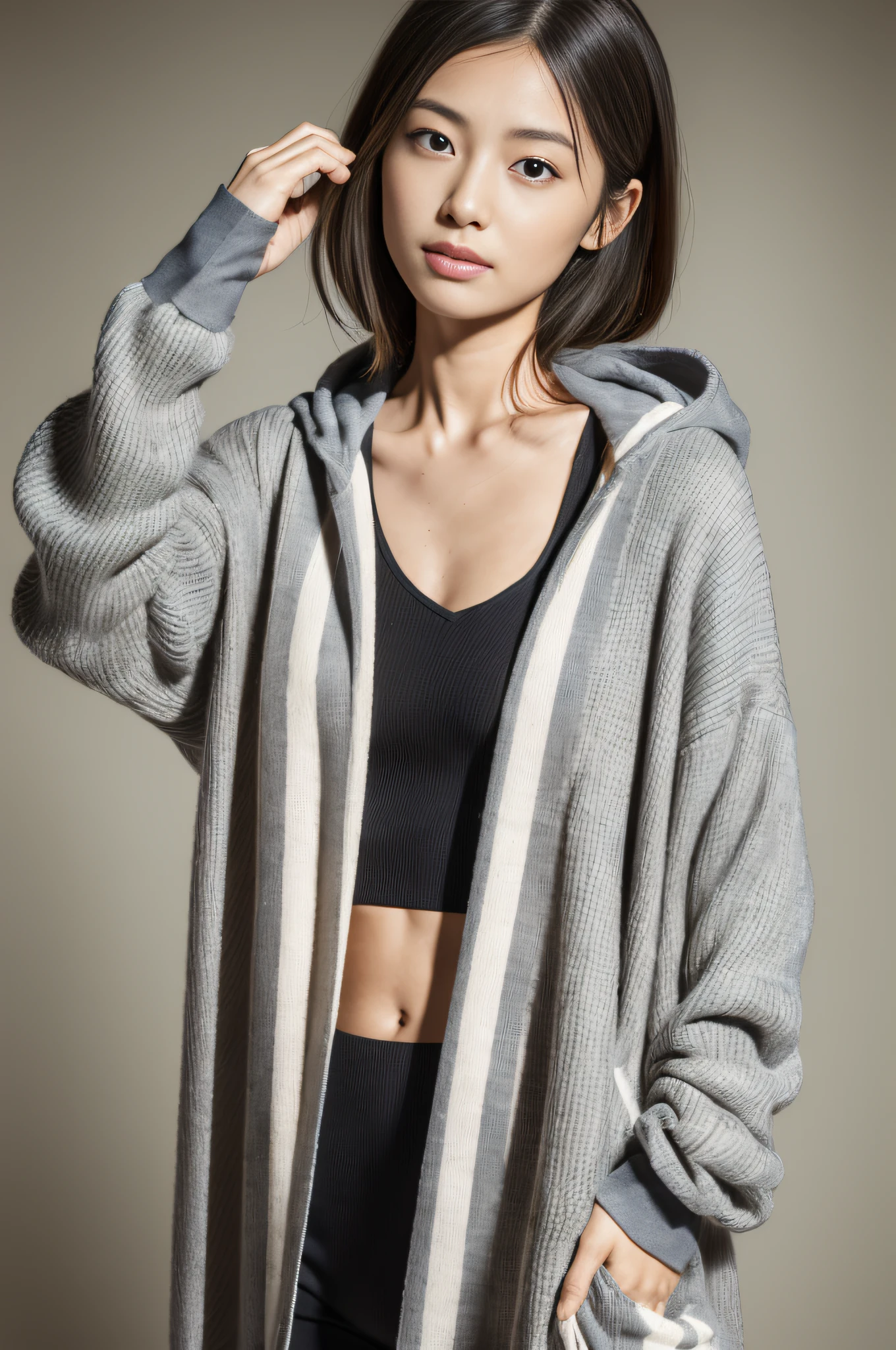 (Masterpiece:1.3), (8K, Photorealistic, Raw photography, Best Quality:1.4), (1girl), Beautiful face, Realistic face, (Detailed face), Beautiful hairstyle, (Detailed hair), Realistic eyes, (Detailed eyes), Beautiful details, Realistic skin, (Detailed skin), Beautiful skin, Attractive, Ultra high definition, A hyper-realistic, Very detailed, (medium breasts:0.5), Japanese beauty, (slim figure), (arafed image of a woman in a striped outfit and hoodie, junya watanabe, '20, inspired by Alessandro Allori, stripes, inspired by Giorgio De Vincenzi, vivienne westwood!, vivienne westwood, official jil sander editorial, inspired by Bourgeois, issey miyake, arian mark, f / 2 0), cute young Japanese girl, pretty young Japanese girl, (gray gradation background)