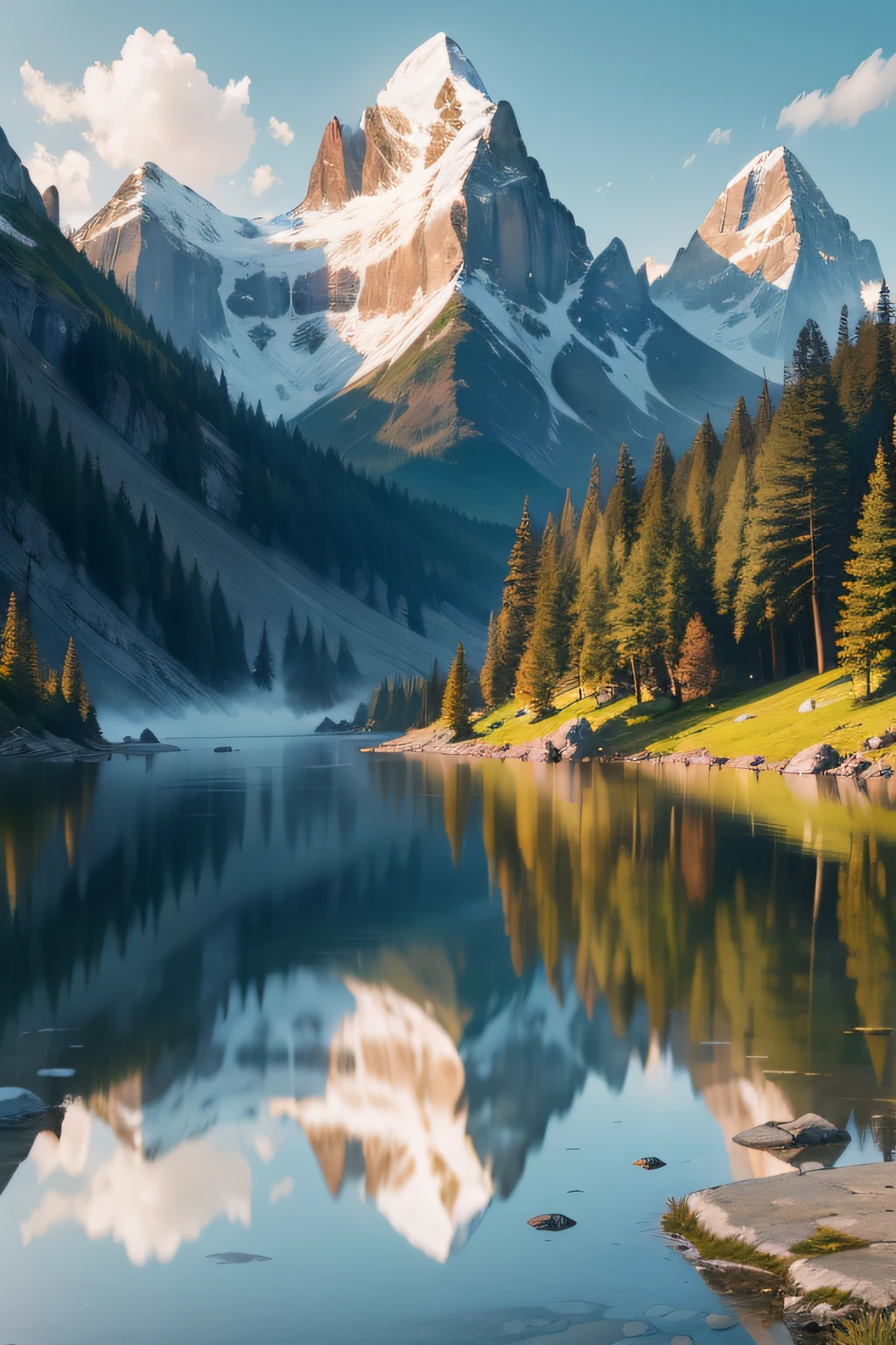 (mountain water),realistic,highres,ultra-detailed,beautiful detailed reflections,vivid colors,scenic landscape,serene atmosphere,natural beauty,towering peaks,crystal clear water,gentle ripples,lush greenery,breathtaking view,sunlight filtering through the trees,tranquil setting,peaceful ambiance,calm waters,refreshing atmosphere,soft breeze,rugged cliffs,unspoiled wilderness,pristine environment,touch of mist,distant horizon,majestic mountains,serenity in nature,harmony with surroundings,nature's masterpiece