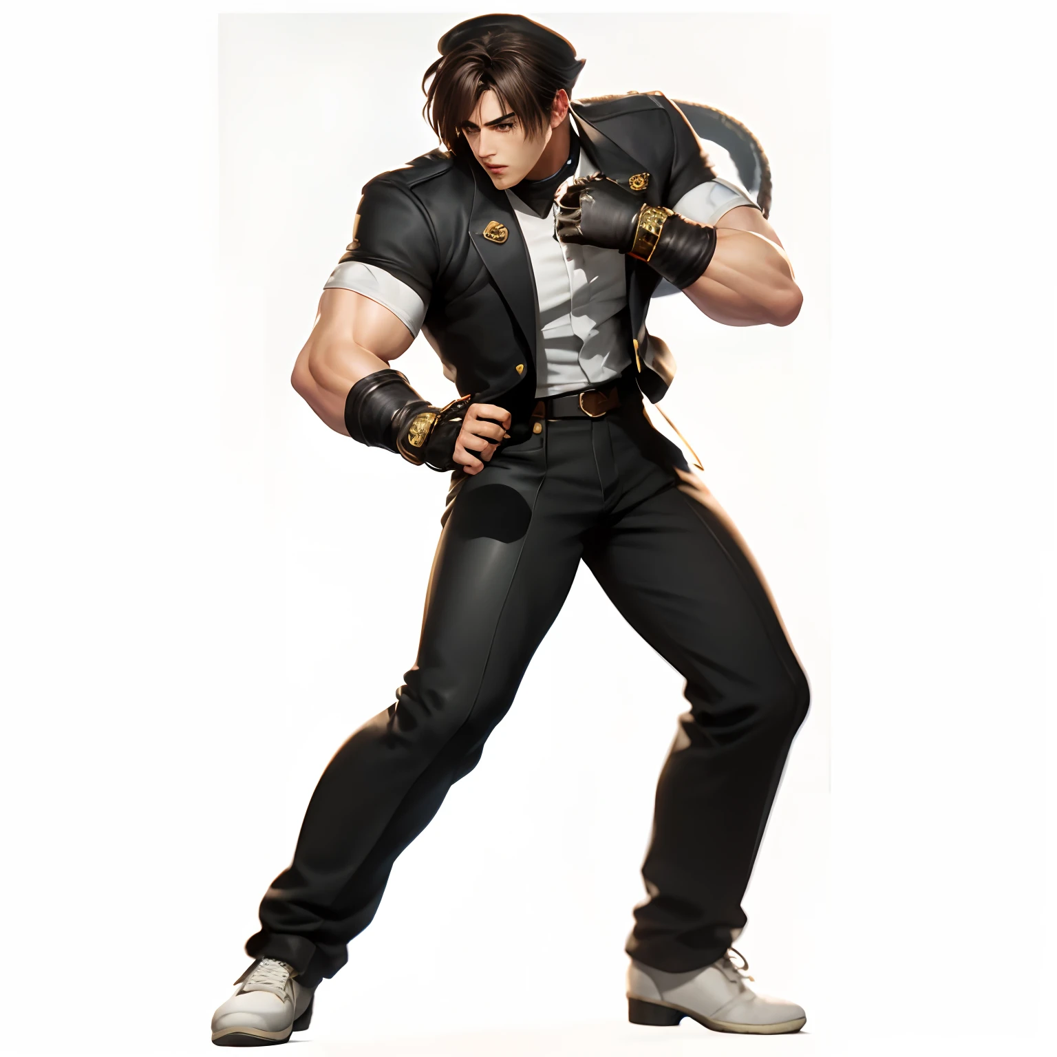 um close up de uma pessoa com um punho em um terno, como personagem em tekken, Personagem de King of Fighters, personagem de jogo de luta, arte oficial do personagem, Parque John, Kazuya Tsurumaki, SNK, Pose de lutador, Estilo Rei dos Lutadores, ( ( arte conceitual do personagem ) ), Pose de luta, personagem principal, Arte Oficial
