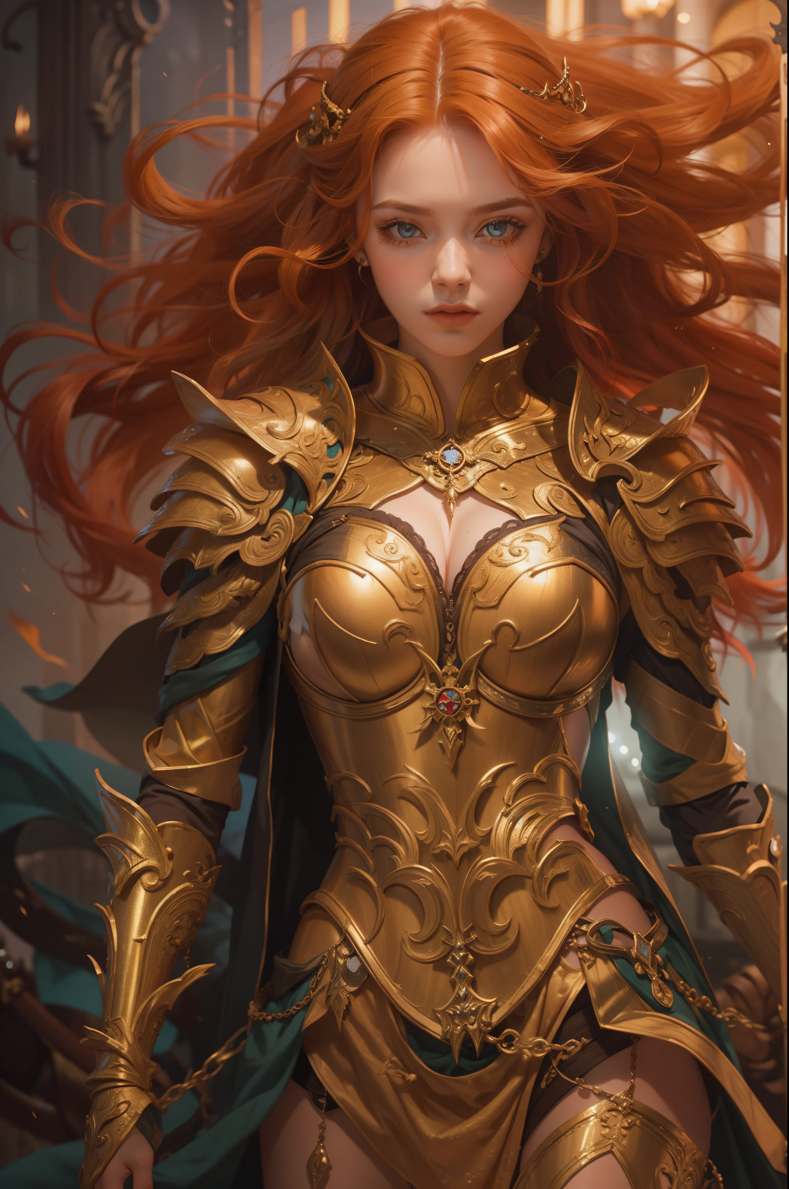 bela mulher ruiva de olhos azuis brilhantes com borboletas ao redor, Their hair is long and wavy, She's wearing golden armor, Ao fundo, There is a sinister scene depicting hell.