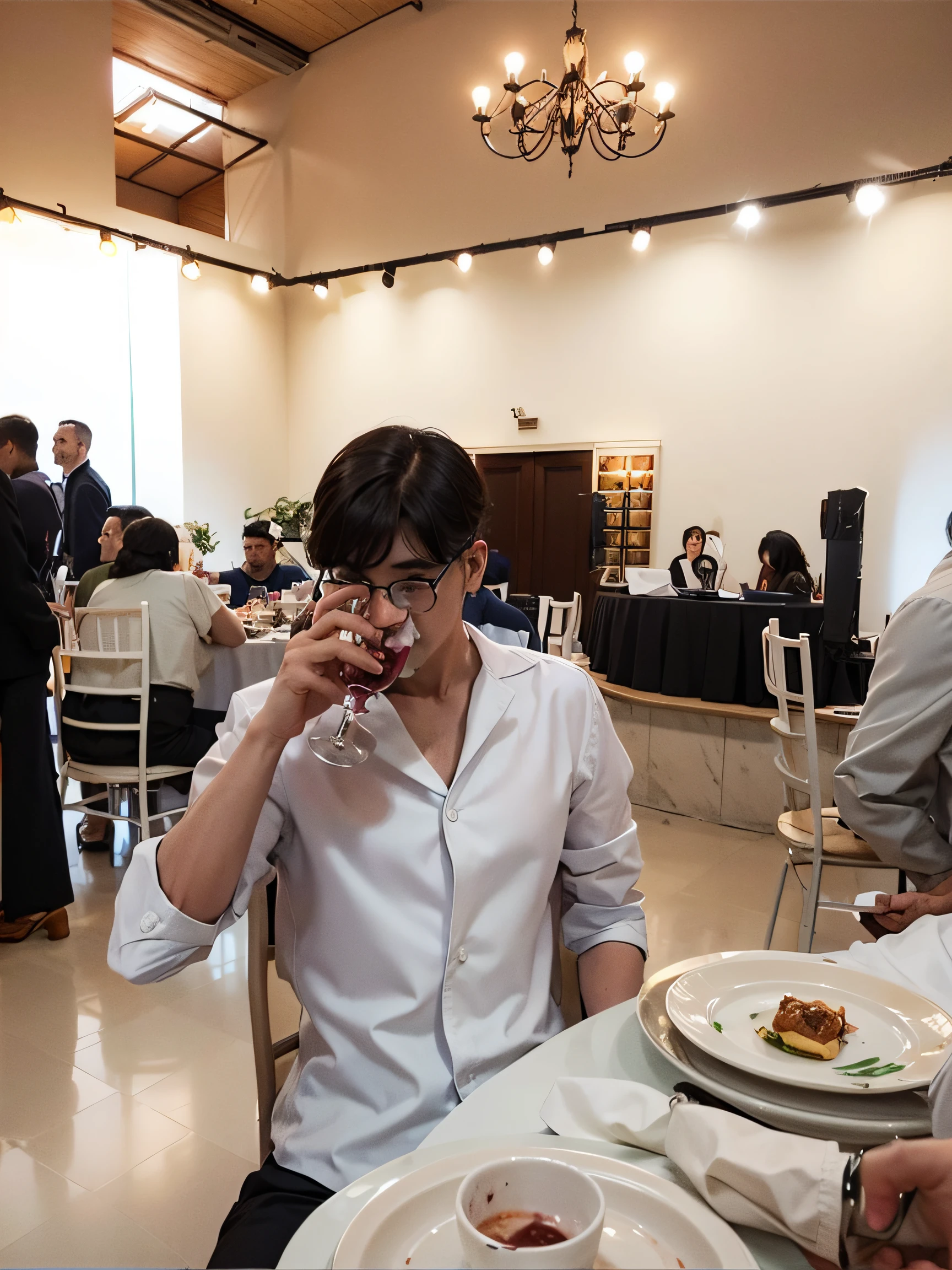 there is a man sitting at a table with a plate of food, enjoying a glass of wine, Taehyung comendo batatComo fritComo Gucci, na festa, com uma bebida, beber vinho, wearing white suit and glasses, Shinji, dinner is served, !!Posando_Como_Lastly_Ceia, holding glass of wine, Alejandro, suave em _ O pano de fundo, foto de baixa qualidade