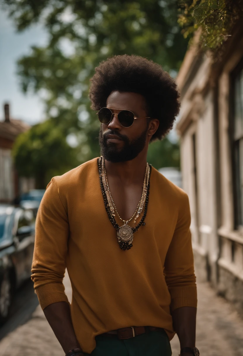 Man in sunglasses standing on a street with a house in the background, imagem de perfil, cabelos cacheados e curtos, retrato de perfil, No estilo de Tyler Mitchell, cabelo preto espetado e pele escura, Directed by: Nandor Soldier, Daniel Dociu, inspired by Ernő Bánk, um homem negro com longos cabelos cacheados, com afro