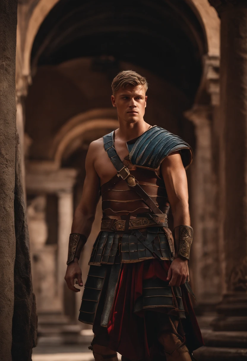 Alex Høgh Andersen as a Roman gladiator warrior, seminua e musculosa, suado