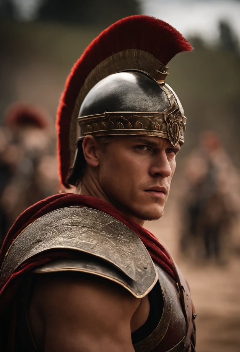 Alex Høgh Andersen as a Roman gladiator warrior, seminua e musculosa, suado