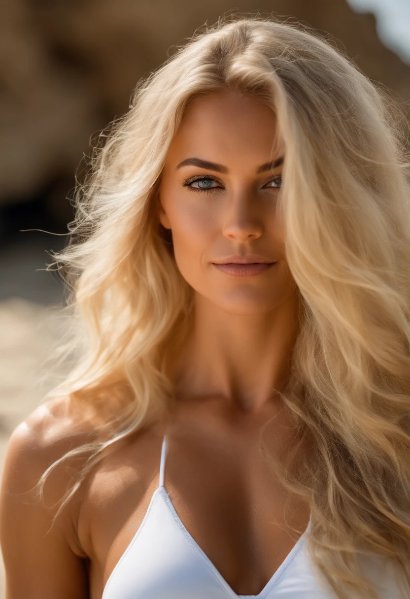 blond muscular woman with long hair and white sexy bikini posing for a picture in greece on the beach, full body, big brest, beautiful blonde woman, beautiful blonde girl, blonde woman, a gorgeous blonde, blonde and attractive features, photo of a beautiful woman, sexy girl with long blonde hair, blonde beautiful young woman, six-pack abs