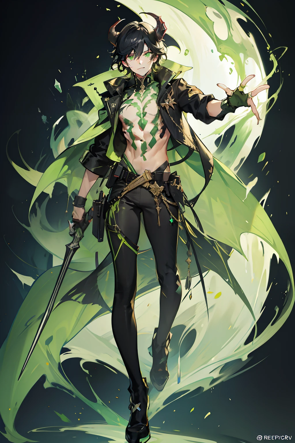 handsome male with black hair and bright green eyes, athetlic build, transforming into a large demon with crackling magic energy everywhere, neon colors, black background, radiating power