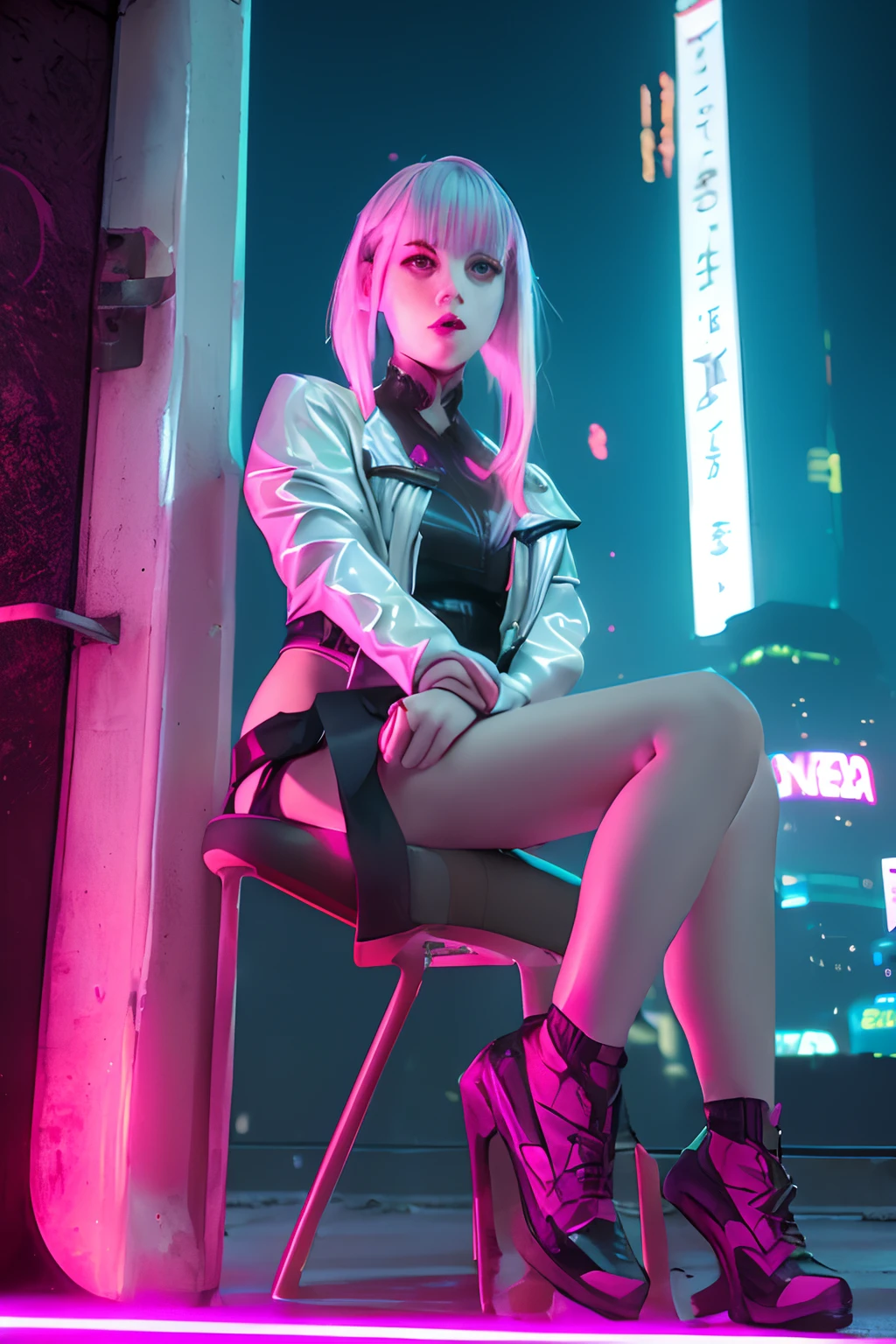 lucy \(cyberpunk\), 1girl,  hair scrunchie, hime cut, silver hair, colored tips, full moon, grey eyes, jacket, long sleeves, (looking at viewer), medium hair, multicolored hair, parted bangs, parted lips, pink hair, red eyeliner, red lips, solo, white jacket, cyberpunk \(series\), rainy night in a cyberpunk city with glowing neon lights,from below, (sitting with knees up pose:1.3),(thicc:1.2), perfect body