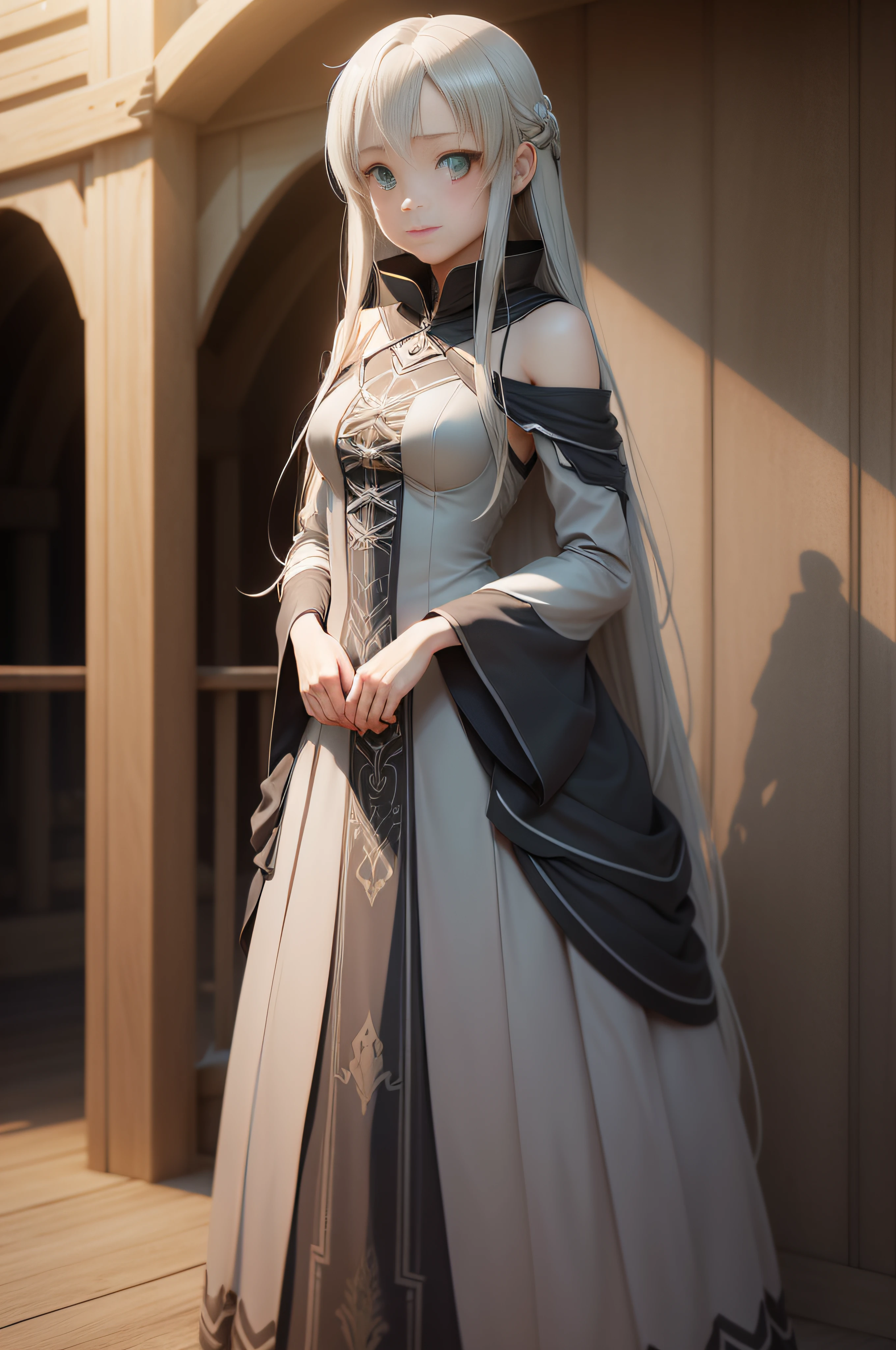 girl, very thin, delicate, sad, green eyes, Torn Dress, Long Dress, Gray Dress, Old Dress, Tattered Dress, Dressed in Tatters, Poor, Miserable, Beautiful, Green Eyes, black hair, black hair, long hair, skin white, pale skin tone, 15 years old, (RAW Photo)(8k UHD)(DSLR)(soft lighting)(high quality)(filmic grain) (Fujifilm XT3)(master piece, full body, Very high quality, photorealistic, highly Detailed, Octane Rendering, Unreal Engine, HD 8K, Soft Cinematic Light, Hyper Detailed, Hyper Realistic Skin Texture, Best Quality, Ultra High Resolution, Soft Tones, Look At Viewer, Realistic 3D Anime)(12 year old girl)( Body of Mushoku Tensei Sylph)(very small breast)(human)(platinum blonde hair;;)(green eyes)(soft gaze)(soft smile)(((Gray Dress)))(((Old Dress)))( ((Long dress)))(long hair)(very thin)(((Farm)))