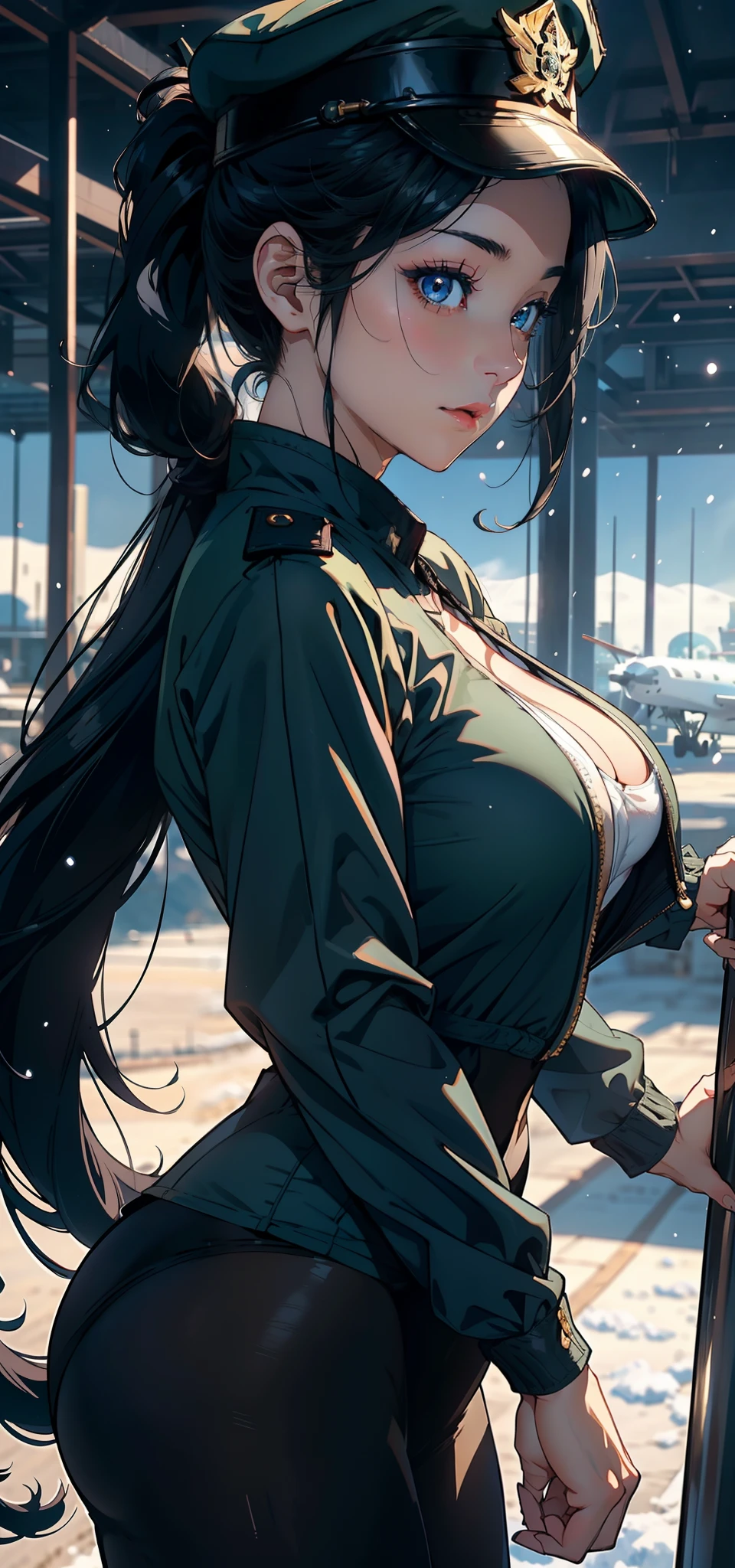 1female，45 yers old，Huge breasts， 独奏，American GI，shairband，WWII style，Wearing a green military uniform， Pornographic exposure，（Background with：coniferous forest，at winter season，Snow on the ground， aerodrome） Short flowing blonde hair，hail，Bigchest， From the front side， dishiveredhair， Sweating profusely ，mostly cloudy sky，（tmasterpiece），（Very detailed CG unity 8K wallpaper），best qualtiy，cinmatic lighting，detailed back ground，beatiful detailed eyes，Bright pupils，blue color eyes，（Very fine and beautiful），（Beautiful and detailed eye description），ultra - detailed，facing at camera，A high resolution，ultra - detailed），hair straight，with hair dishevelled，Sex slaves，standing on your feet，Open-mouthed，Flushed complexion，is shy，Chest sagging，nakeness， Expose the genitals，revealing breasts，Camel toes，with no underpants，extremely large bosom，Extremely colorful，Most detailed，fully body photo，The face is well lit