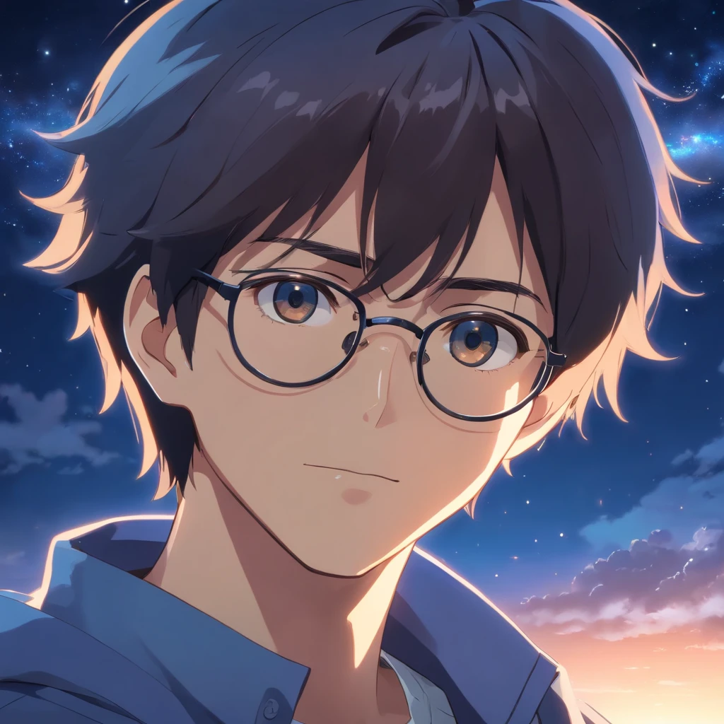qualidade de filme, 1 man in heaven, close-up, escuro, soft-lighting, noite estrelada, Handsome man wearing round glasses, olhando para o viewer, olhos azuis, cabelo preto, barba preta