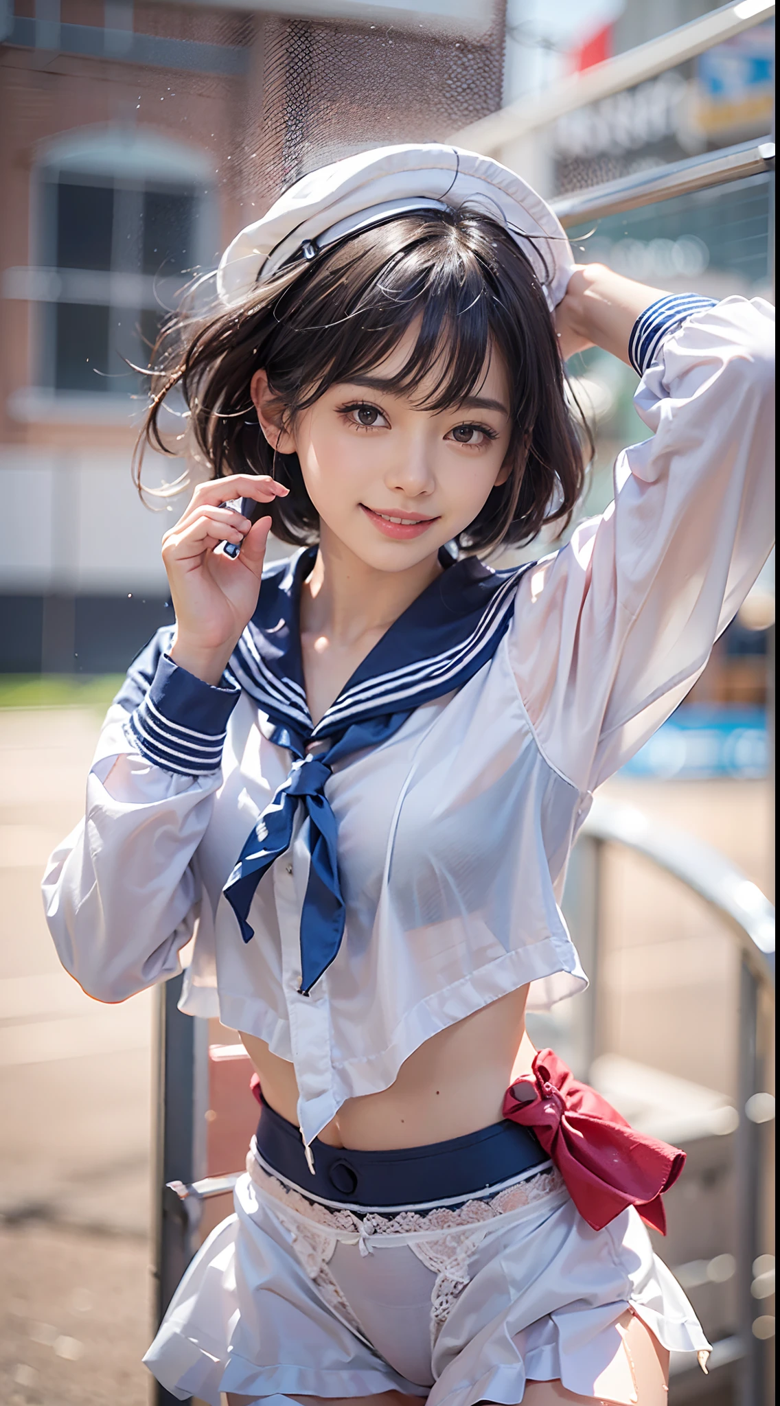 NSFW, 1womanl, (Well-formed face), (Ideal ratio body proportions), school ground, Sunnyday, (((Show off your panties to the camera))), (a sailor suit), long , Wet, Clothes are see-through, Smiling smile, de pele branca, A slender, Dark hair, short-hair, beauty legs, Small buttocks, surrealism, Cinematic lighting, depth of fields, One-person viewpoint, F/1.8, 135 mm, canon, nffsw, masutepiece, ccurate, Anatomically correct, Textured skin, Super Detail, high details, High quality, awardwinning, Best Quality, hight resolution, 1080p, 4K, 8K