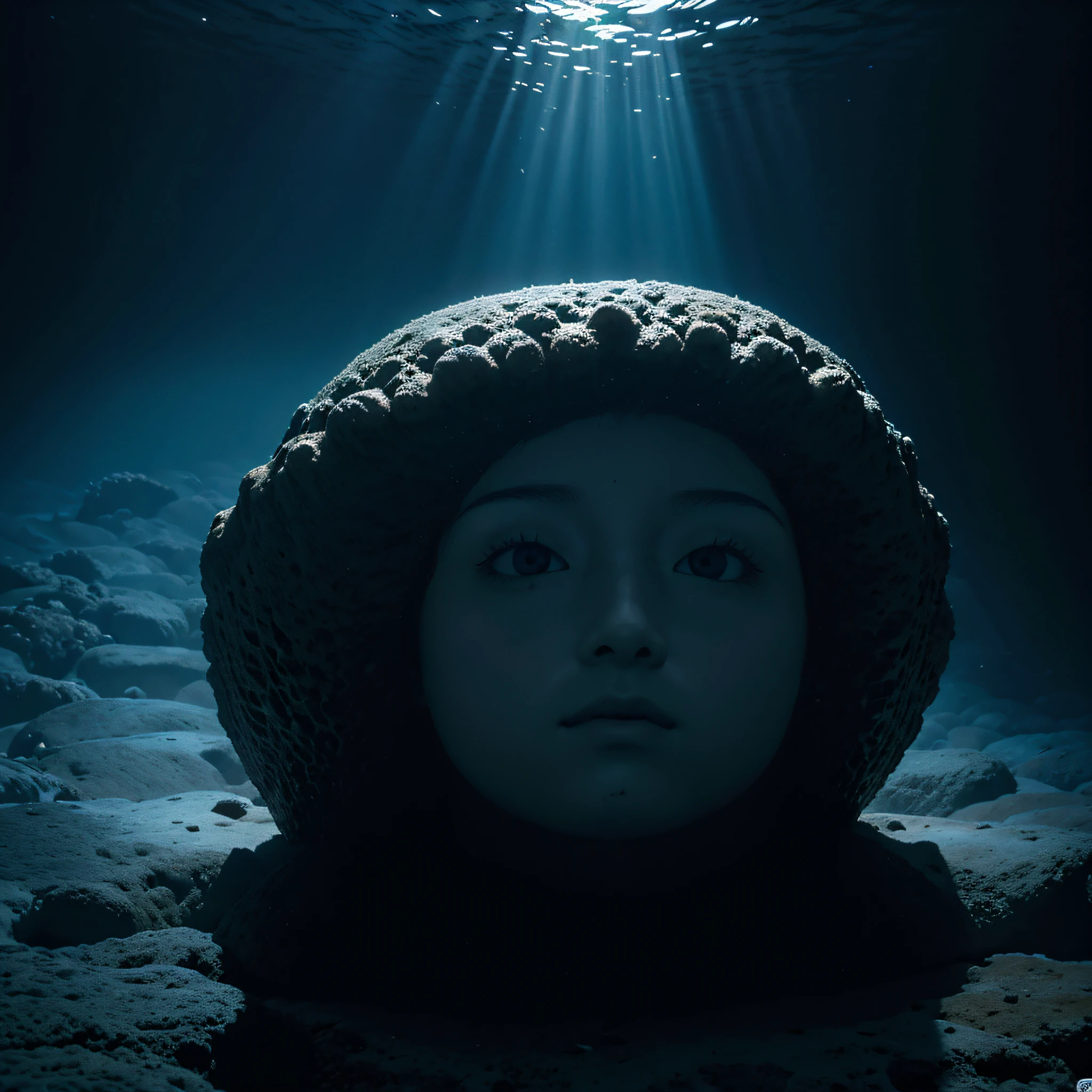 (extremadamente detallado, obra maestra, La mejor calidad, Under the Ocean), Estilo oscuro, volumetric illumination. textura de babosa, piel de caracol. manchas de tinta. Rococo composition.