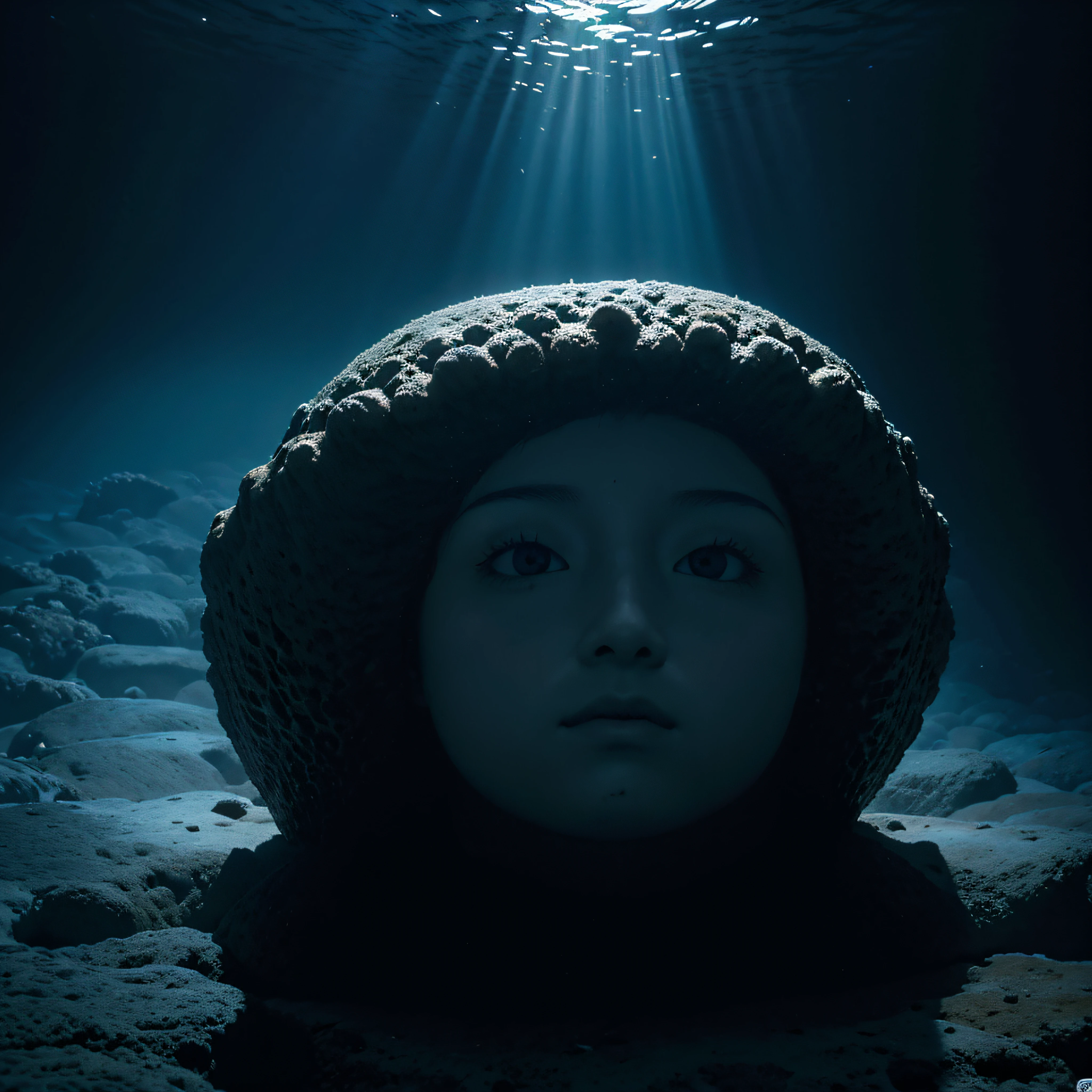 (extremadamente detallado, obra maestra, La mejor calidad, Under the Ocean), Estilo oscuro, volumetric illumination. textura de babosa, piel de caracol. manchas de tinta. Rococo composition.