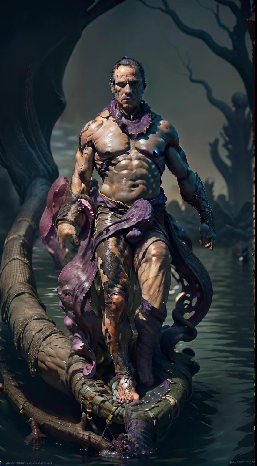 (A 45-year-old middle-aged man floats on the water with bare limbs:1.5), (The crotch and limbs are wrapped around the feet of a huge dark purple octopus:1.5), vast pecs,Broad shoulders,((Huge crotch bulge)), Bare upper body,Bare thighs to feet,White briefs,The whole body is wet,top shot,facing to audience,(Indecent expressions), Confused eyes,intricately details,High picture quality,High- sharpness,tmasterpiece,Textured skin,Dark colors,full bodyesbian,in a panoramic view,A lot of white space,Real photos,Surrealism, chiaroscuro, cinematic lighting, Nikon, Background:Slimy tentacles sticking out of the water,Dark water