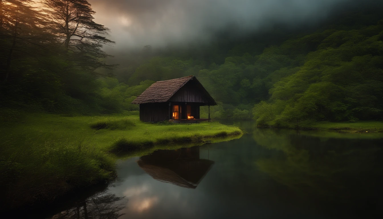 tempestade na floresta com muita neblina, uma cabine com janelas e portas iluminadas pela luz, a pond in front of the hut, Realistic, High Definition Cinematic Image