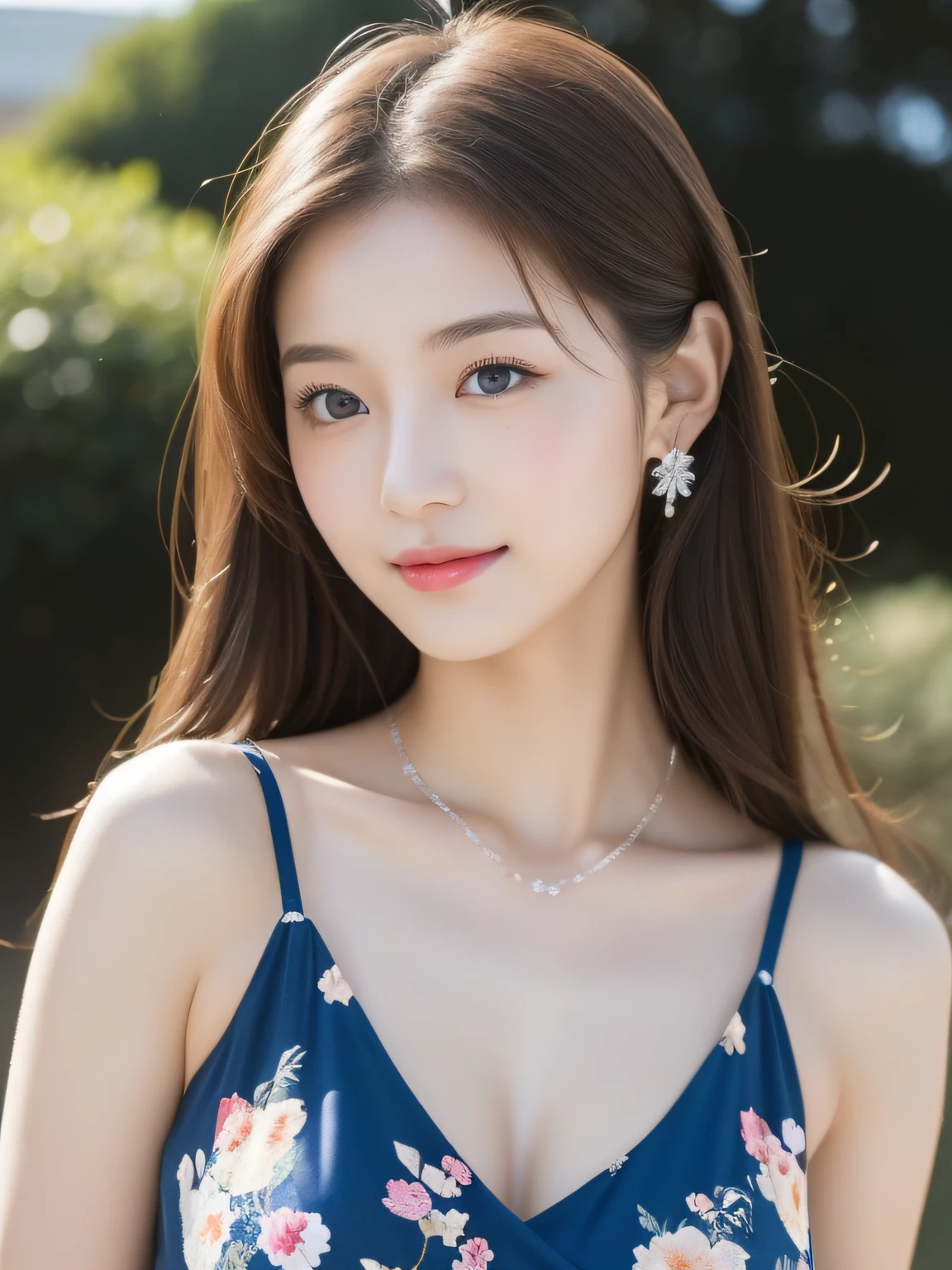 (((8Very high resolution in K, high detailing, highly accurate, masutepiece,1girl with))),Photography ,shinny skin,Beautiful skin,fine-grained white skin,Detailed face,Cute azure eyes drawn in detail,Very cute eyes,Detailed lips、shiny beautiful lips,Beautiful eyebrows、Best Natural Makeup,Japan idle,韓国アイドル,(Colossal tits,very shapely breasts)、Very beautiful lines from head to foot(,Posing with a beautiful back,)Luxury Ornaments,a necklace,Bracelets, the ring, piercings))),Adornments designed to the smallest detail,Very cute and skimpy dresses for girls ,Summer Fashion,full body photographed,a very beautiful japanese girl,17 age,Blue Base Fabric Sheer Dress,Beautiful big floral dress,Very cute 17 year old girl,Shiny wearing beautiful heel sandals with detailed details,very beautiful brown hair,Wavy Medium Hair,Moisturized eyes,Gentle smile,watching at viewers, Innocence,(((photorealisim,Turn the camera from top to bottom,,Beautiful immature body))),Reality Live Action,nailart,(Stick out beautiful buttocks,Backshots,facing back,turned around,超A high resolution、Natural and realistic face、high detailing),and soft natural lighting