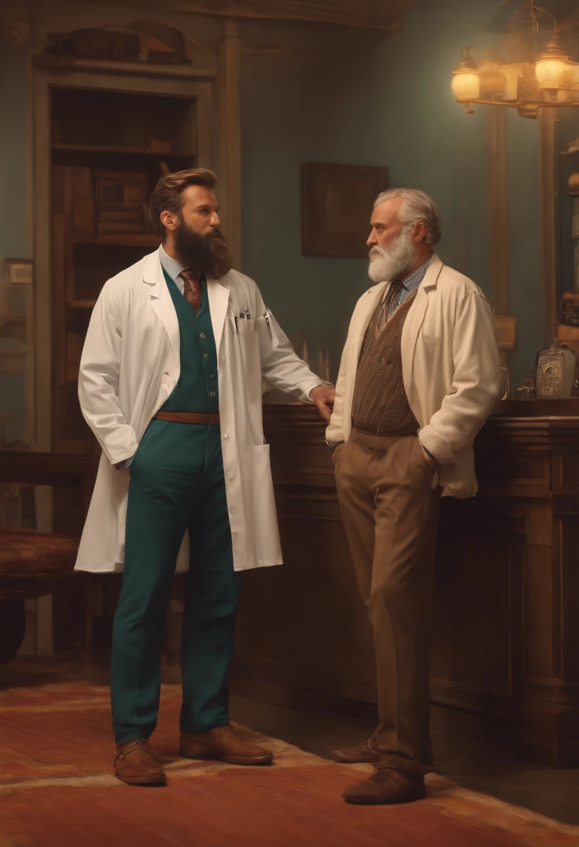 A tall, masculine, bearded man with disproportionately large feet and a slim fit physique stands in front of a middle-aged male doctor, who is noticeably shorter and not wearing shoes, but only socks