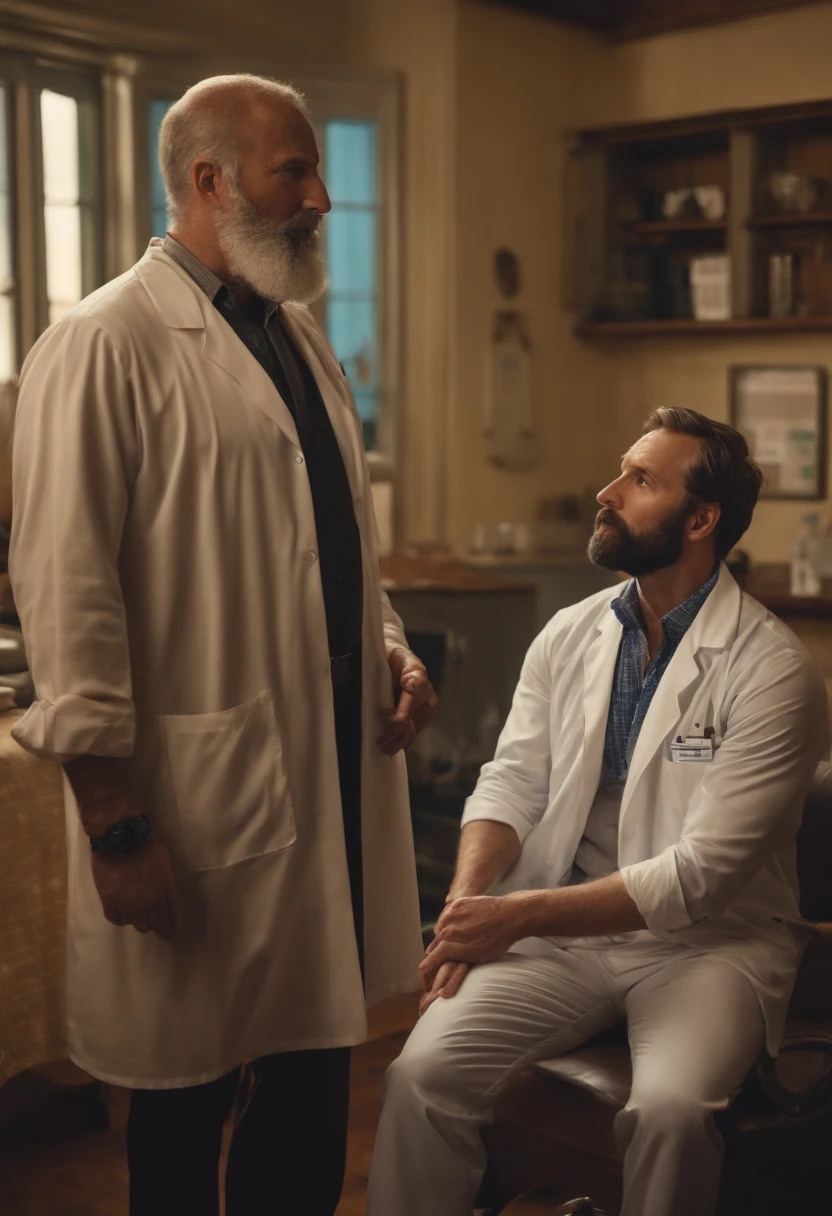 A tall, masculine, bearded man with disproportionately large feet and a slim fit physique stands in front of a middle-aged male doctor, who is noticeably shorter and not wearing shoes, but only socks