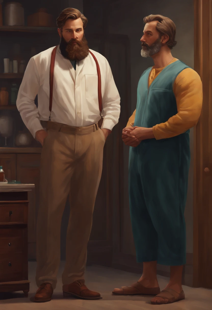 A tall, masculine, bearded man with disproportionately large feet and a slim fit physique stands in front of a middle-aged male doctor, who is noticeably shorter and not wearing shoes, but only socks