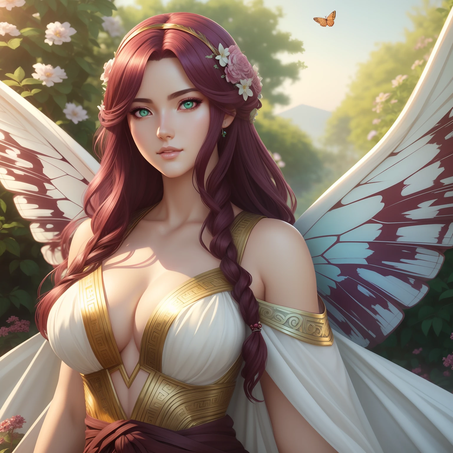 Realistic greek female goddess, with ((burgundy greek hair and light green eyes)), looks beautiful bright and happy, wears white greek toga with beautiful butterfly wings growing from her back, flower garden of Olympia, Greek Mythology, posing for a photo, looking at camera, hair with many details, medium breasts, 8k artgerm bokeh, fanart best artstation, render photorealistic girl, guweiz-style art, inspired by WLOP, ig model | artgerm, detailed portrait, stunning portrait of realistic face, beautiful portrait, deviantart artstation cgscosiety,