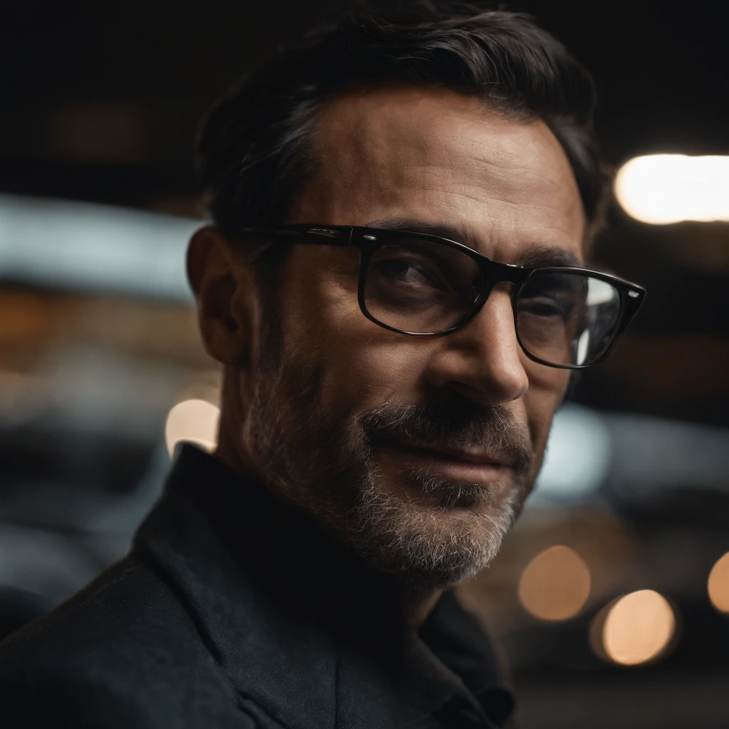 qualidade de filme, 1 man in heaven, close-up, escuro, soft-lighting, noite estrelada, Handsome man wearing round glasses, olhando para o viewer, olhos azuis, cabelo preto, barba preta