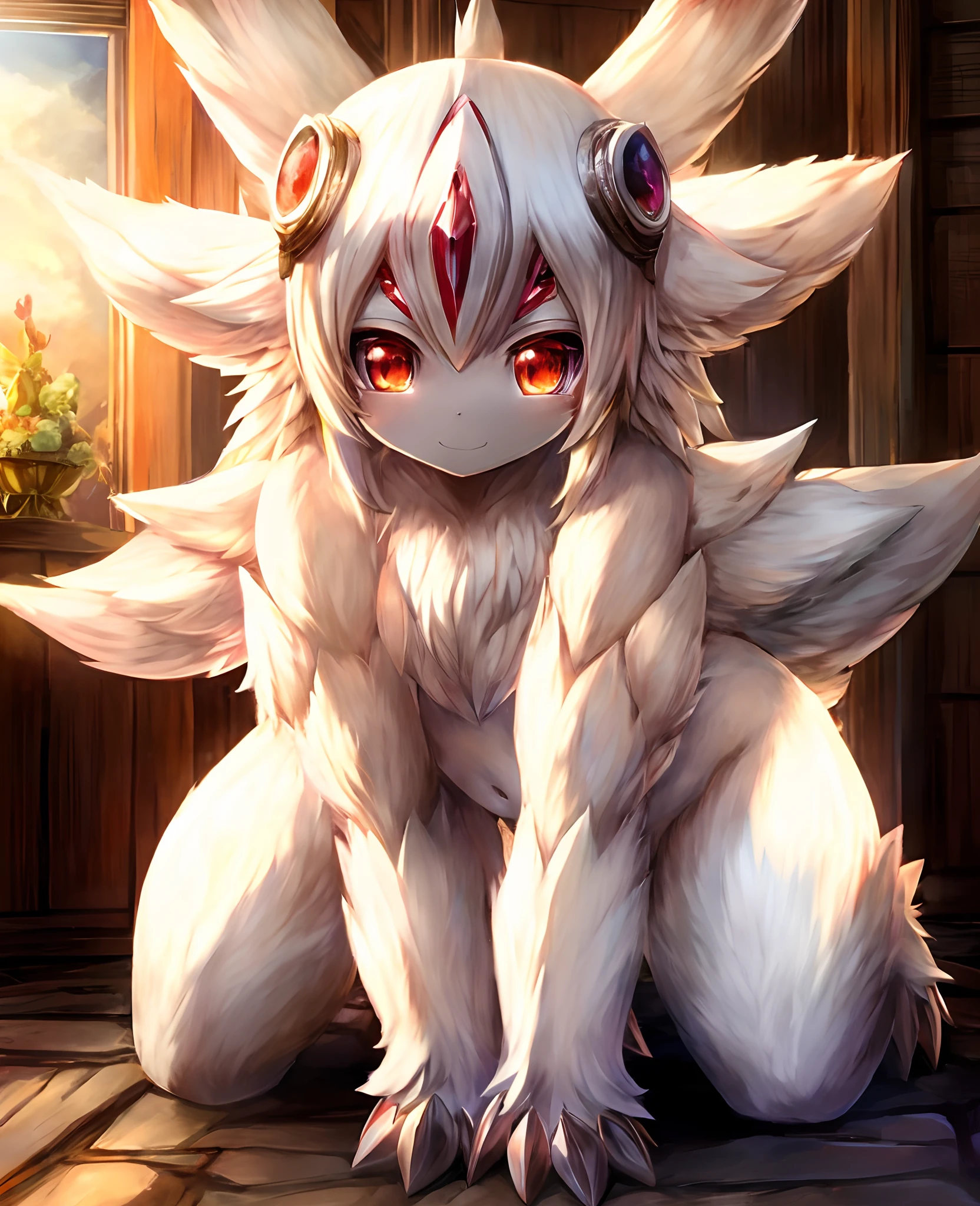 anime, hdr, soft light, ((best quality)), ((masterpiece)), (detailed), faputa, flat chest, wide hips, big goggles covering chest, fur, furry female, fluffy, monster girl, white hair, navel, (4 arms, extra arms:1.1), looking at viewer, all fours, :d, room