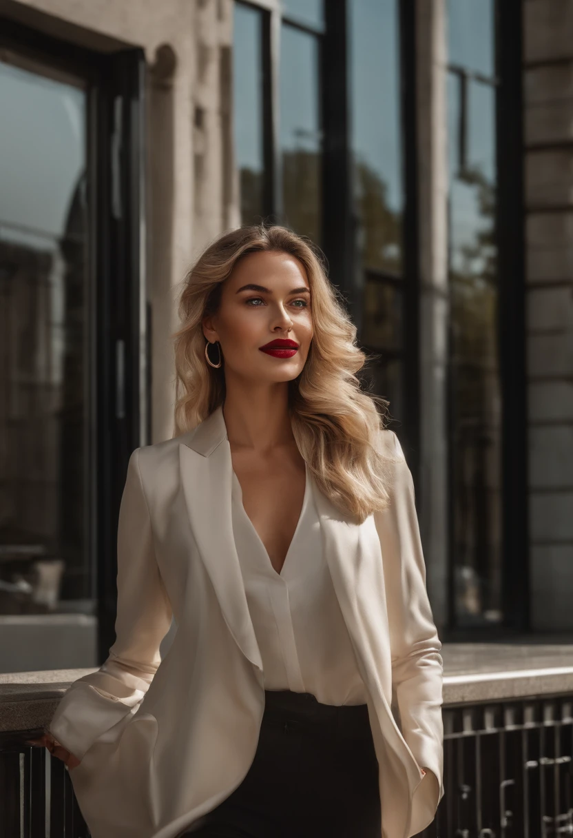 Uma mulher jovem e bonita, blonde hair that falls gently in waves up to the shoulders, altura mediana, olhos grandes e verdes, pele clara, She is in front of a glass-fronted building, she's wearing an elegant tailleur, She's the CEO of the company., it's summer morning, ela sorri mostrando os dentes, foto de corpo inteiro, Sunlight enhances your hair, seu semblante esta naturalmente sereno, half-open lips with red lipstick, Textura 8K, altamente detalhados, realista, soft Cinematic Light, HDR, sharp fokus, obra-prima, fotorrealista, fotografia premiada, Canon EOS R5, 35 mm.