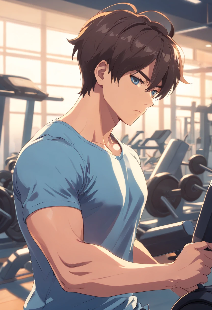 a T-shirt illustration of male model working out intensely in a gym, 24k