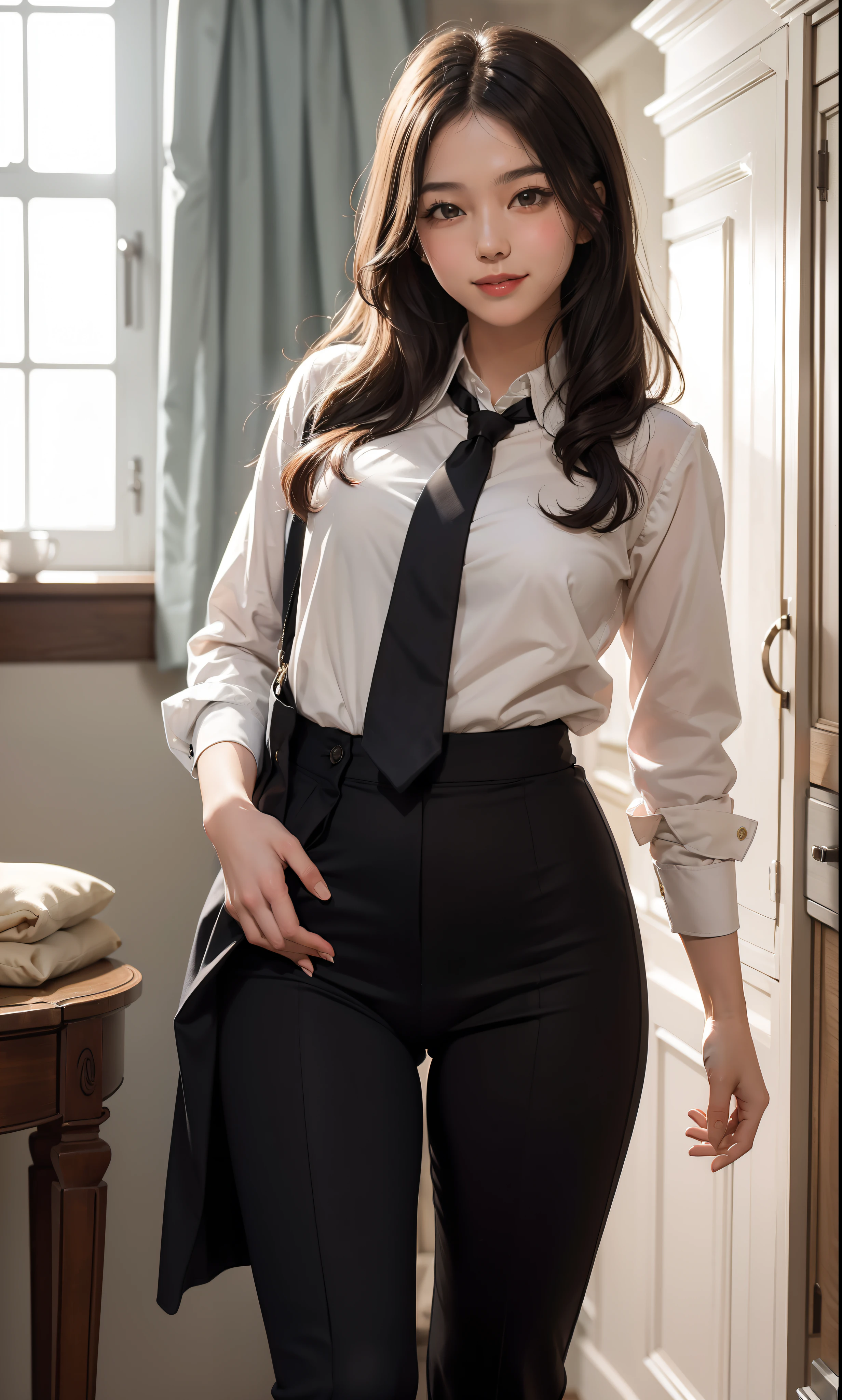 (masterpiece, best quality:1.2), solo, 1girl, blush, smile, looking at viewer, pants pull, clothes pull, undressing, hair between eyes, suit, necktie, black pants, panties