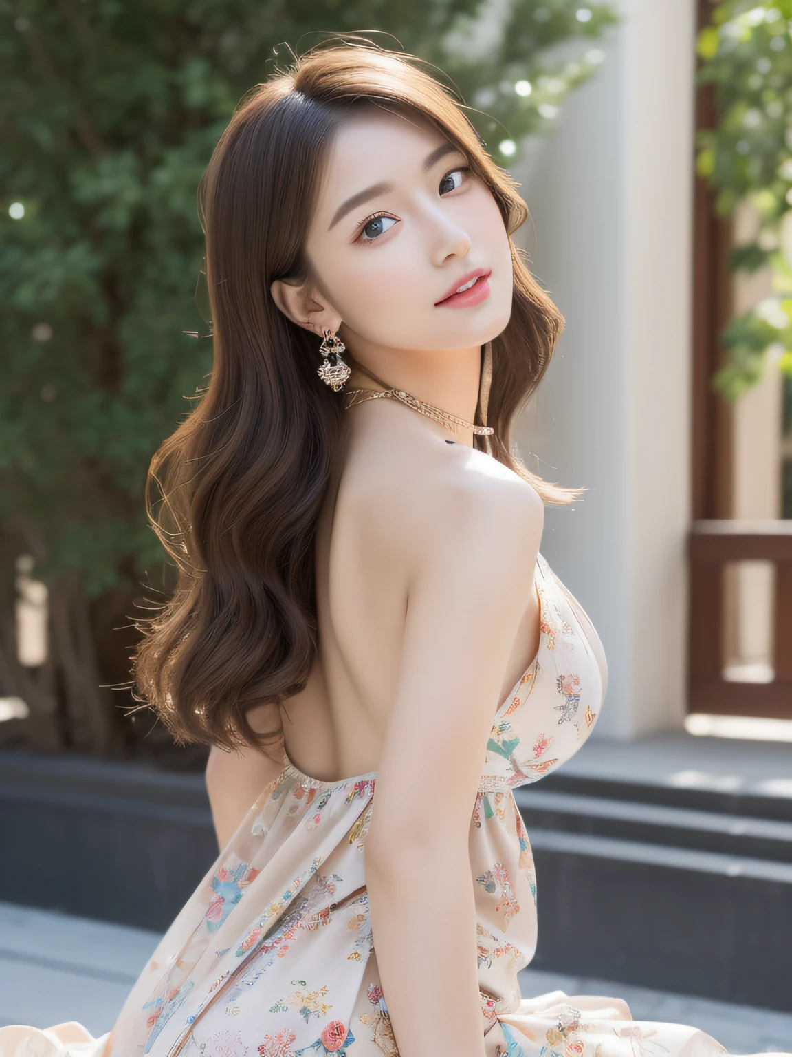 (((8Very high resolution in K, high detailing, highly accurate, masutepiece))),Photography & realistic atmosphere,shinny skin,Beautiful skin,fine-grained white skin,Detailed face,Detailed eyes、Dark blue eyes,Very pretty eyes,Detailed lips、Very beautiful face,Very well-formed face、Lifelike face,shiny beautiful lips,Beautiful eyebrows,、,The best natural makeup for professional models,Japan idle,韓国アイドル,Very beautiful woman,Very beautiful girl,(((Colossal tits,very shapely breasts、Very beautiful lines from head to foot,thighs protruding from the dress,,,Sitting with legs spread,Exclusive and elegant ornaments,a necklace,Bracelets, the ring, piercings,))),Adornments designed to the smallest detail,(((Very stylish and skimpy dresses for girls ,Summer Fashion,full body photographed,a very beautiful japanese girl,17 age,Dressh glittering details,Beautiful big floral dress))),Wear sandals with detailed heels,Wearing beautiful heeled sandals,very beautiful hair with brown hair and shiny,Stylish medium up hair,Teary-eyed,Gentle smile,watching at viewers,Natural gestures,Beautiful immature body, Innocence,(((photorealisim,Rotate the camera from bottom to top))),Reality Live Action,nailart,((Beautiful butt、,Backshots,facing back,turned around)),超A high resolution、The face of a masterpiece with high detail,Natural and realistic face,and soft natural lighting