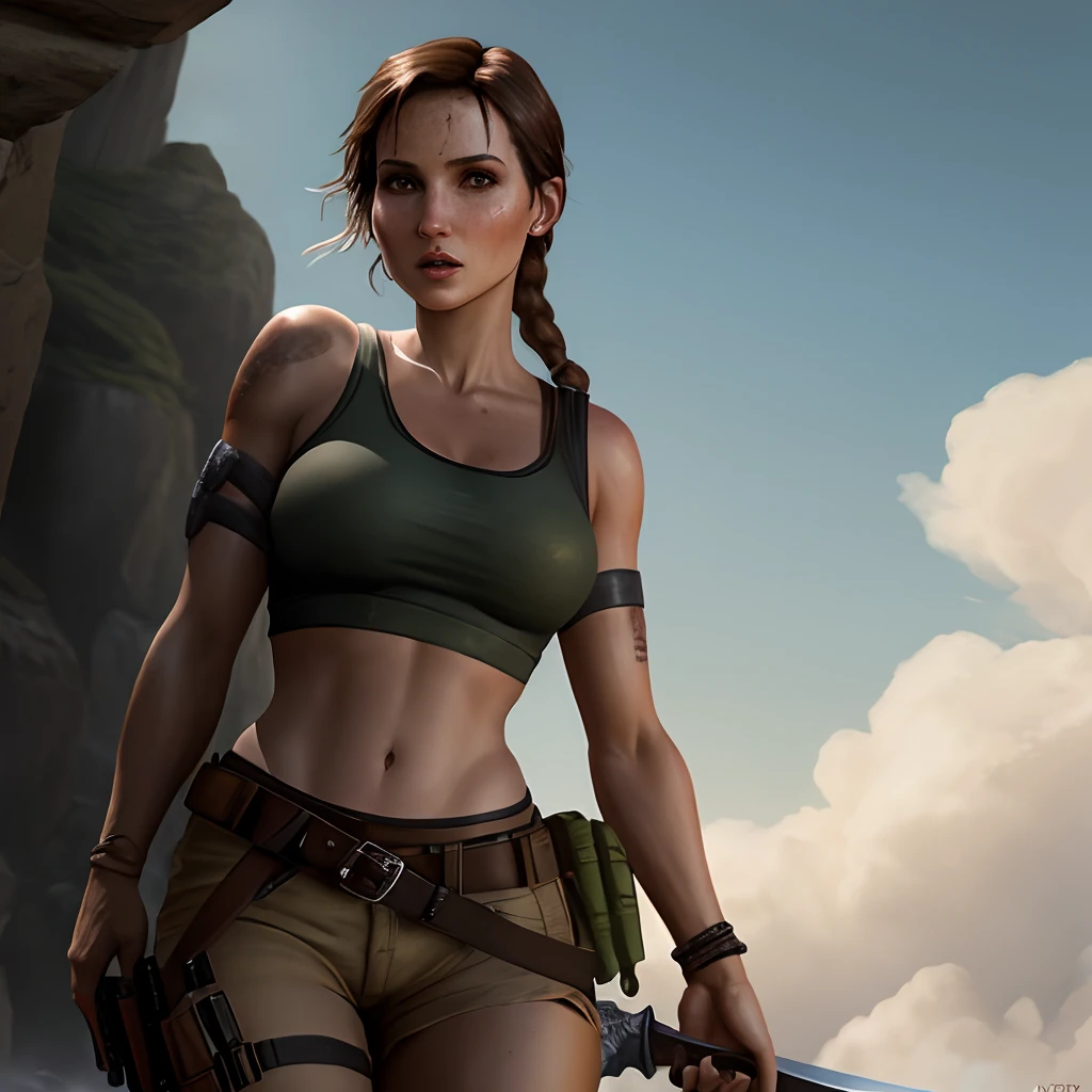 Lara Croft segurando uma espada