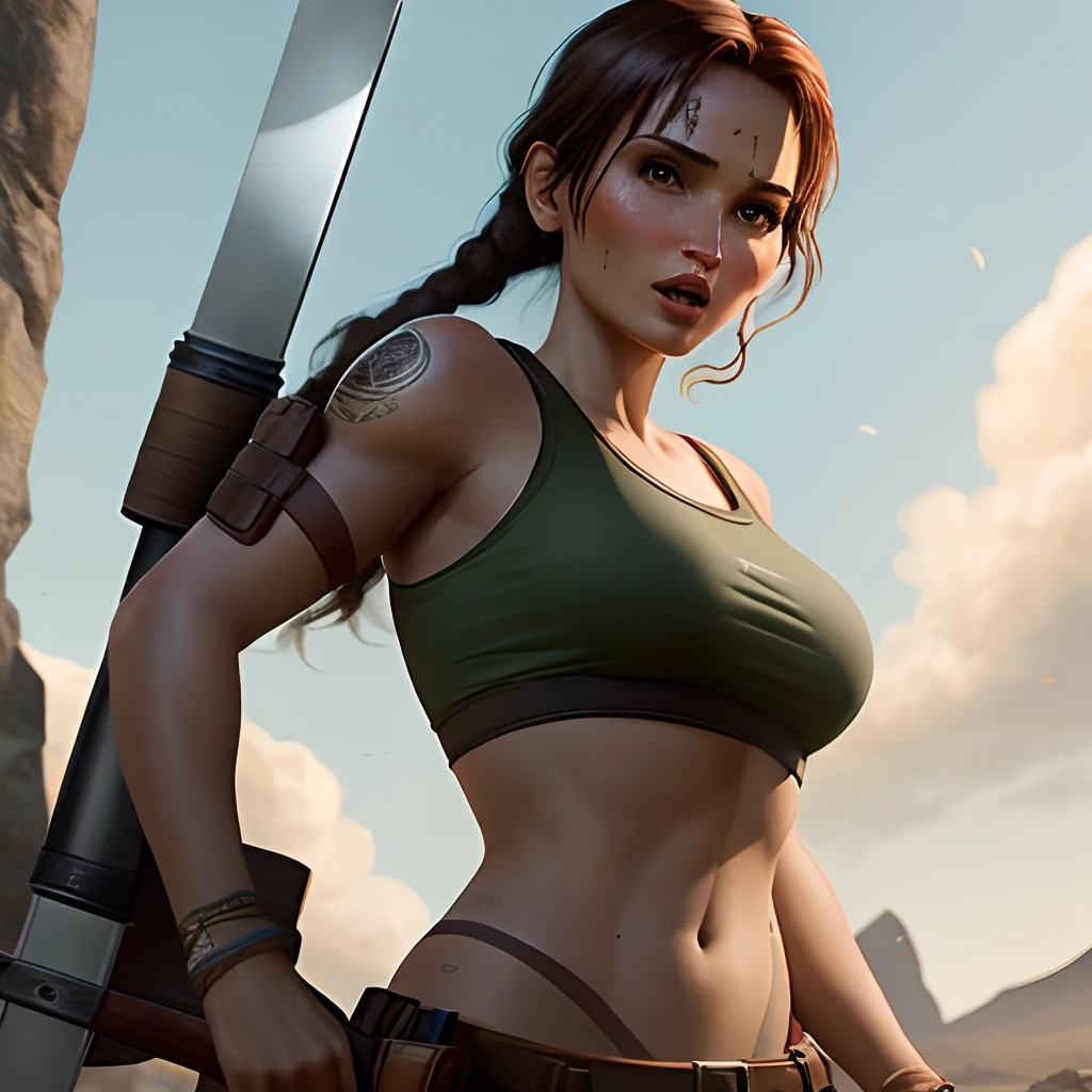 Lara Croft segurando uma espada
