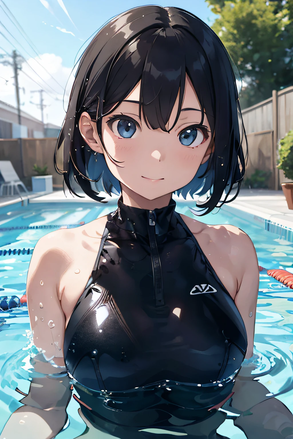 Black Hair、Very Short Hair、Light grey eyes、(Tanned brown skin)、((Dark Skin))、Flat Chest、thin、small、(Primary school students)、(Red bangs hairpin)、((White competitive swimsuit))、Outdoor,Pool、swimming、(((smile)))、(Wet body)