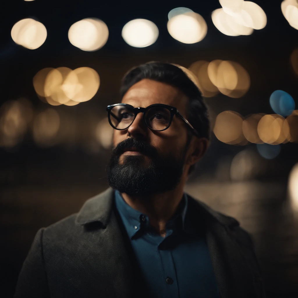 qualidade de filme, 1 man in heaven, close-up, escuro, soft-lighting, noite estrelada, Handsome man wearing round glasses, olhando para o viewer, olhos azuis, cabelo preto, barba preta